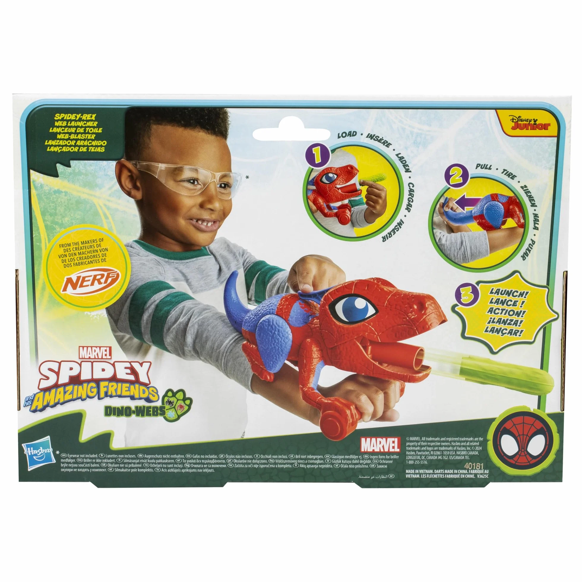 Spidey and his Amazing Friends Marvel Dino-Webs Nerf Spidey-Rex Web Launcher, Juguete de Juego de rol, Juguetes de superhéroe Preescolar para niños a Partir de 3 años