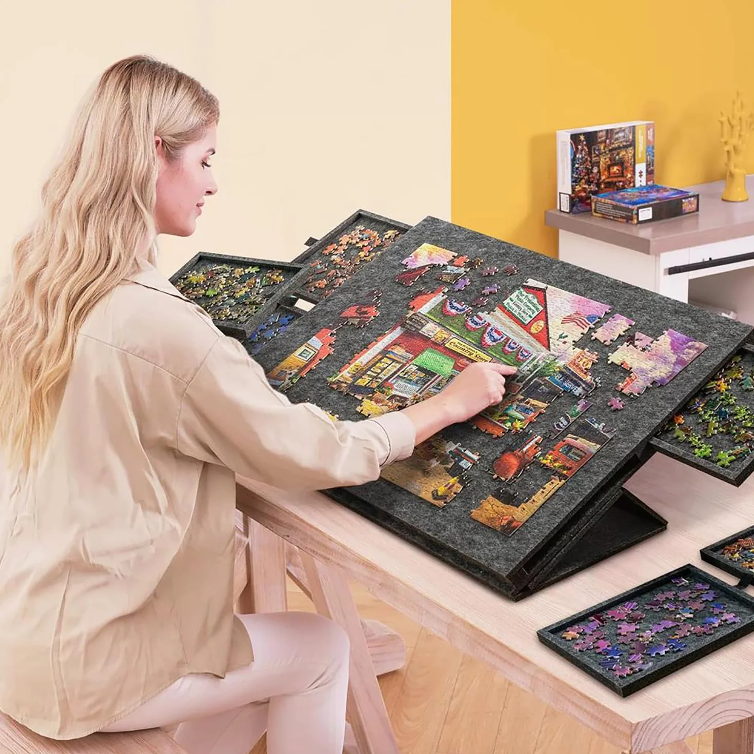 Tapete Puzzle 1000 Piezas，Mesa Puzzle，Tablero de Rompecabezas Inclinable con Soporte y Cubierta Diseñados 2 en 1, Mesas Inclinable con 6 Cajones para Ahorrar Espacio,Gris Claro (Gris Oscuro)