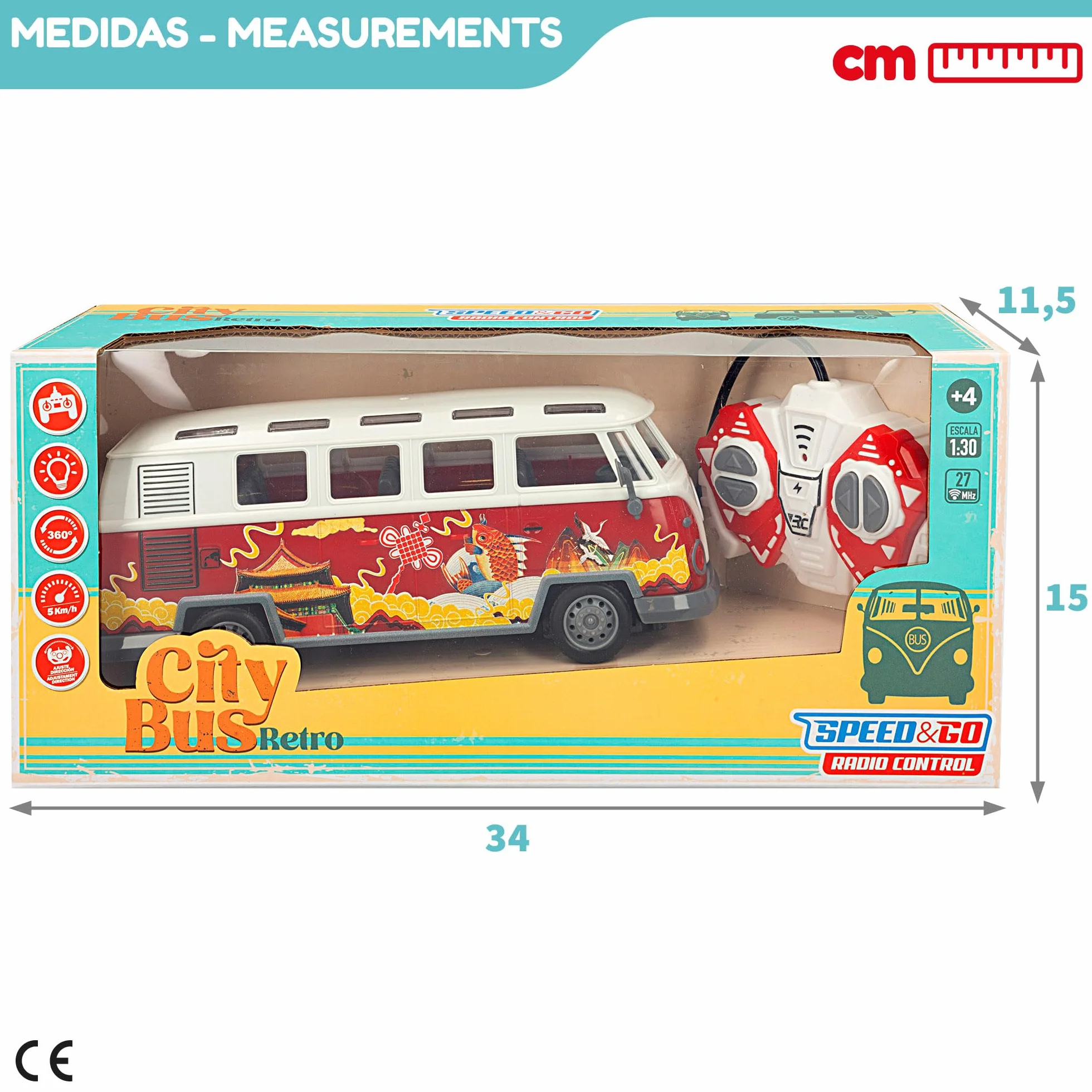 ColorBaby Speed & Go - Autobús teledirigido con Luces de Colores, Bus radiocontrol, Retro, Escala 1:30, Mando 27 MH.z, 5 km/h, 4 Funciones, Coches teledirigidos para niños, 4 años, 47530