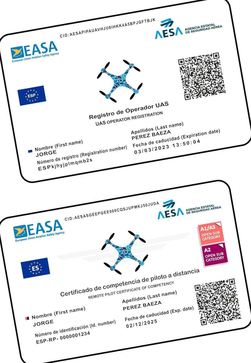 Tarjeta de PVC EASA Impresión Doble Cara Certificado de Piloto de Drones A1/A3 A2 STS