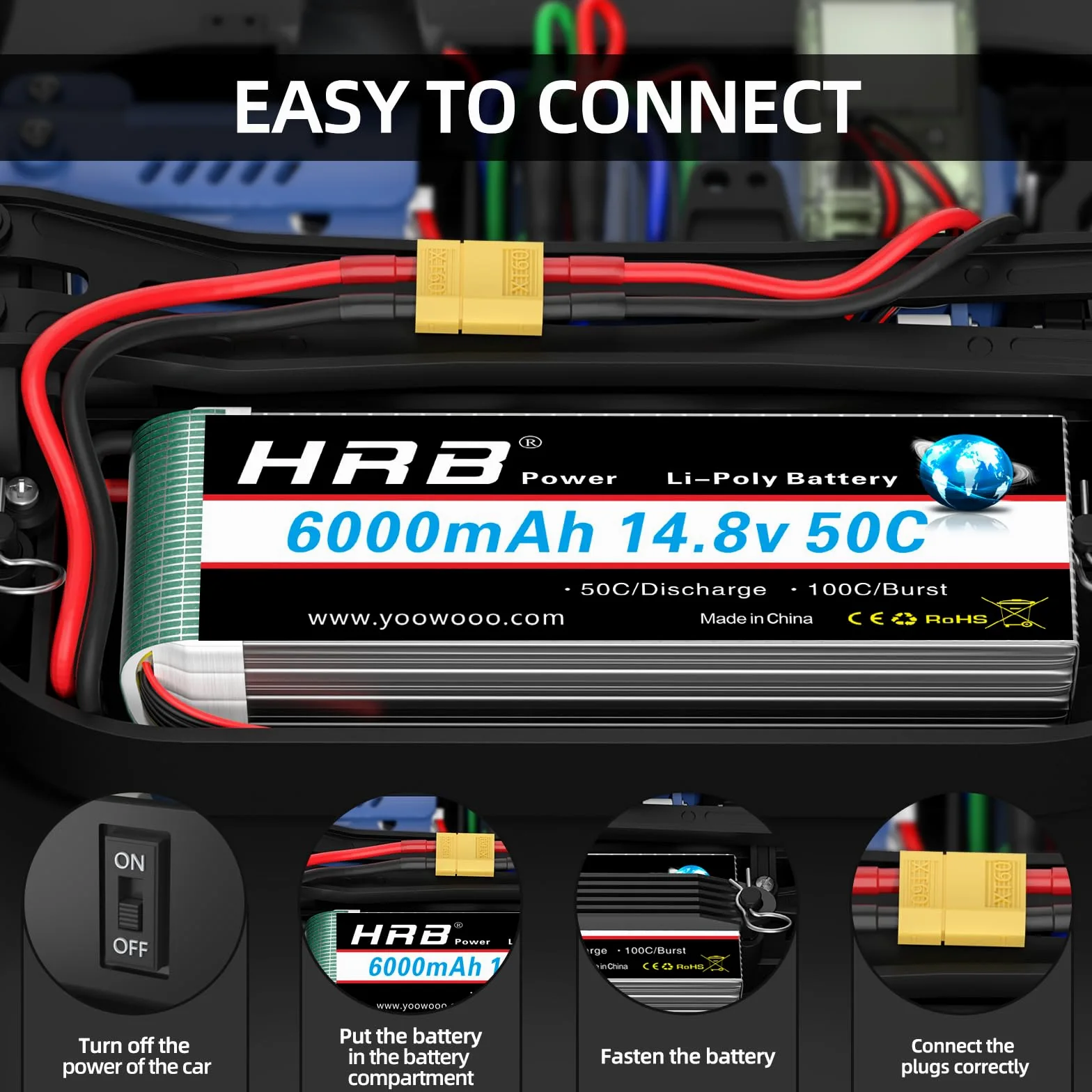 HRB 14.8V 6000mAh 4S Lipo Batería 50C con Enchufe XT60 para Avión RC, Helicóptero RC, Coche RC, Camión RC, Barco RC