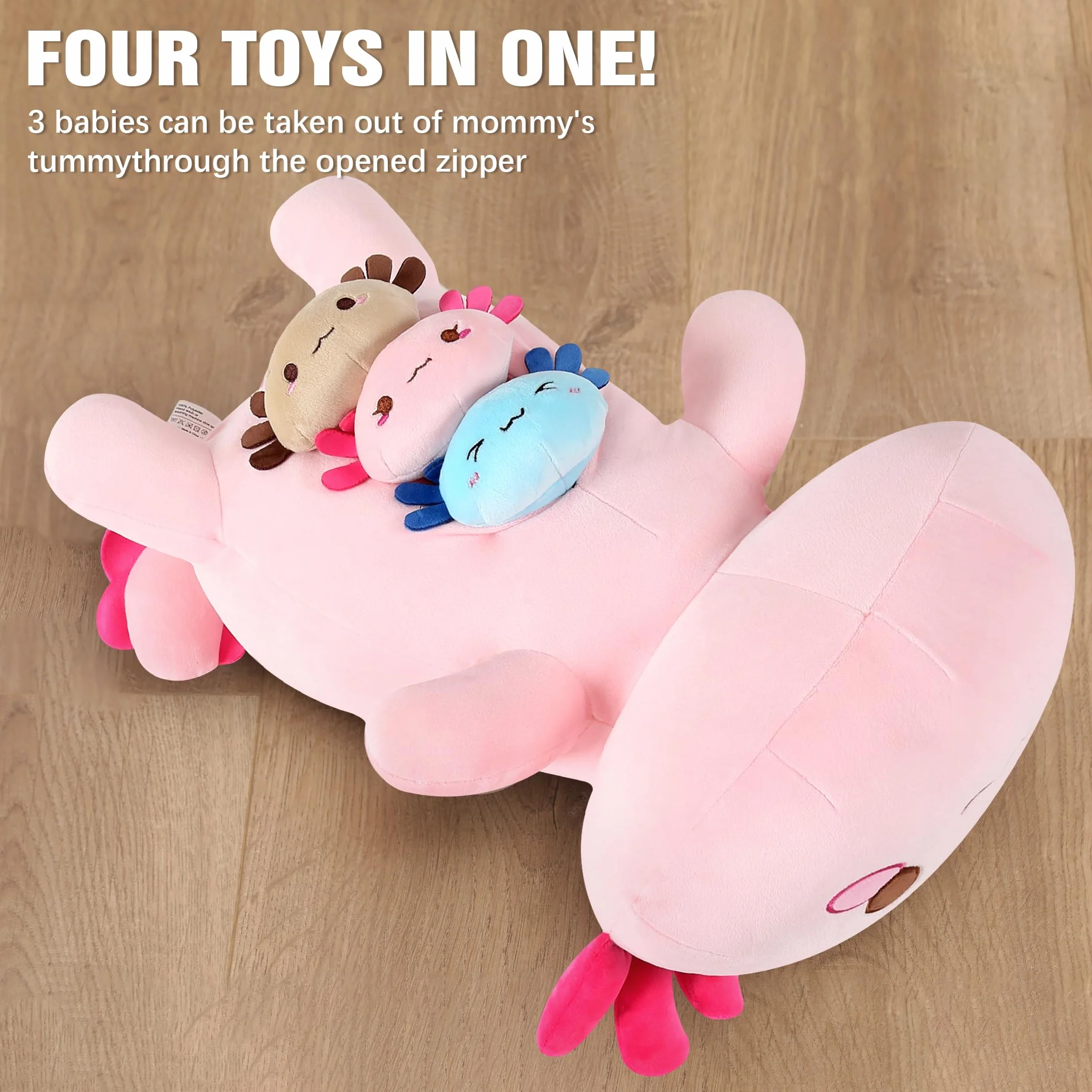 Shownicer Peluche de Axolotl Kawaii - Mamá y 3 Bebés Cojín de Felpa, Almohada Muñeca, Cojín de Lanzamiento - Regalo para Niños y Niñas