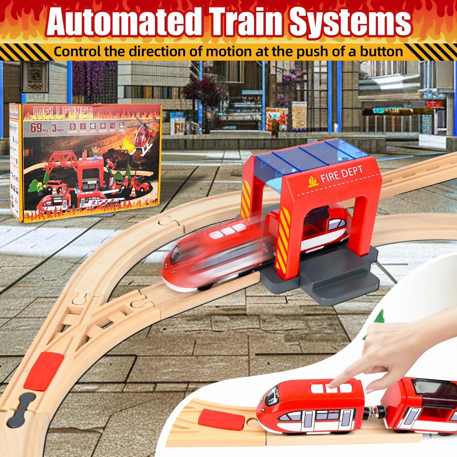 Juego de Tren de Madera para Niños, 69 Piezas, Pistas de Tren Eléctrico + Coche de Bomberos + Equipo de Rescate