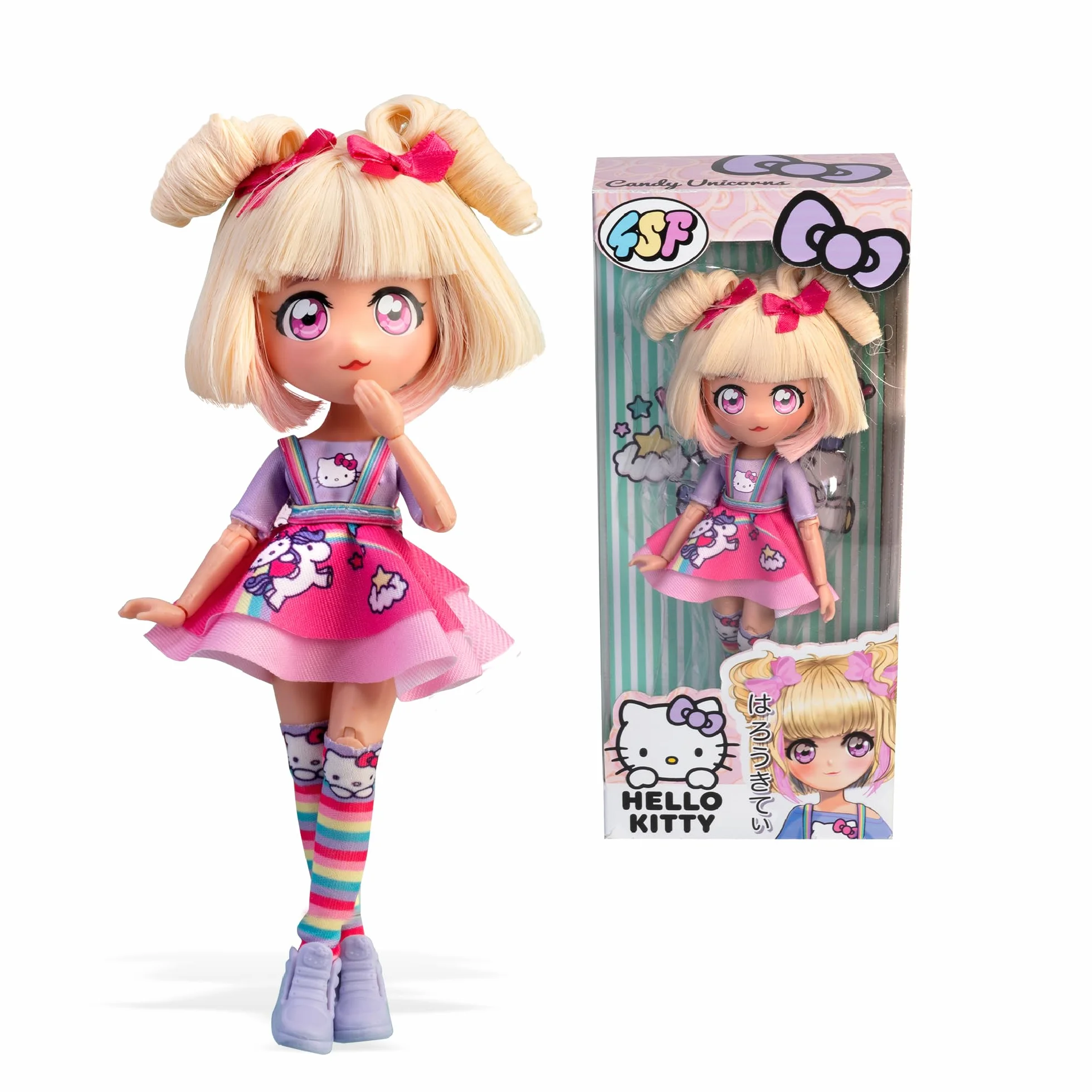 4SF - Hello Kitty Manga Doll Candy Unicorn, Muñeca Fashion Japonesa con Looks a la Moda Manga, Figura de 19,5 cm con 15 Puntos de Articulación, Pelo Rubio, Accesorios Incluidos, Famosa (HKTF0400)