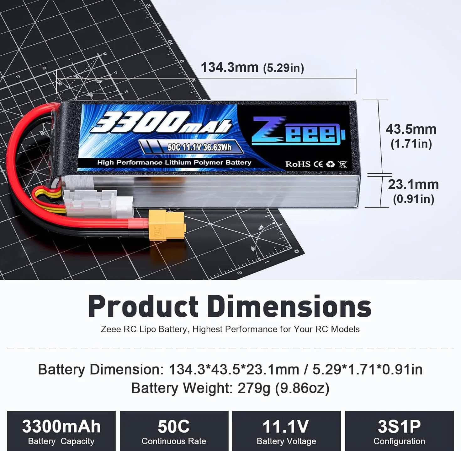 Zeee 3S Lipo 3300mAh 11,1V 50C Batería RC con Conector XT60 para Coche RC, avión RC, helicóptero RC, pasatiempo RC (2 Piezas)