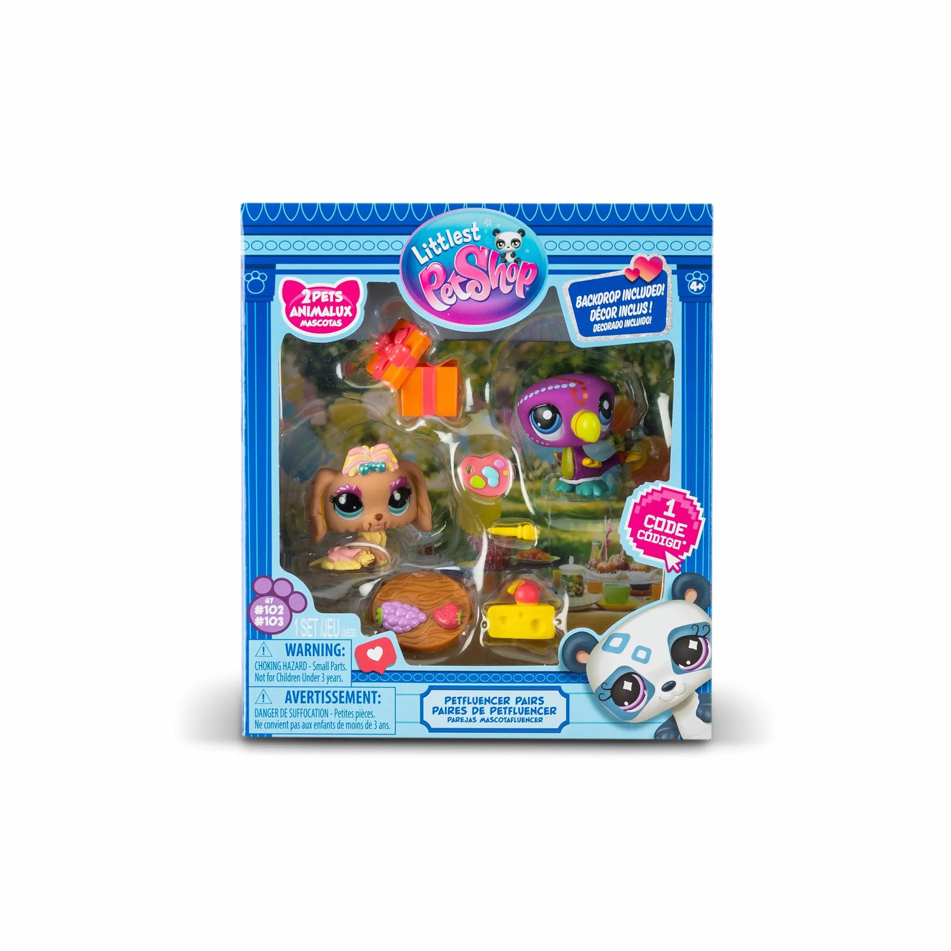 BANDAI Littlest Pet Shop Pack PETFLUENCERS Fiesta AL Aire Libre BF00572 Incluye 2 Mascotas, 4 Accesorios, 1 Fondo, 1 Tarjeta de coleccionista, 1 código Virtual, Generación 7, 4 años+