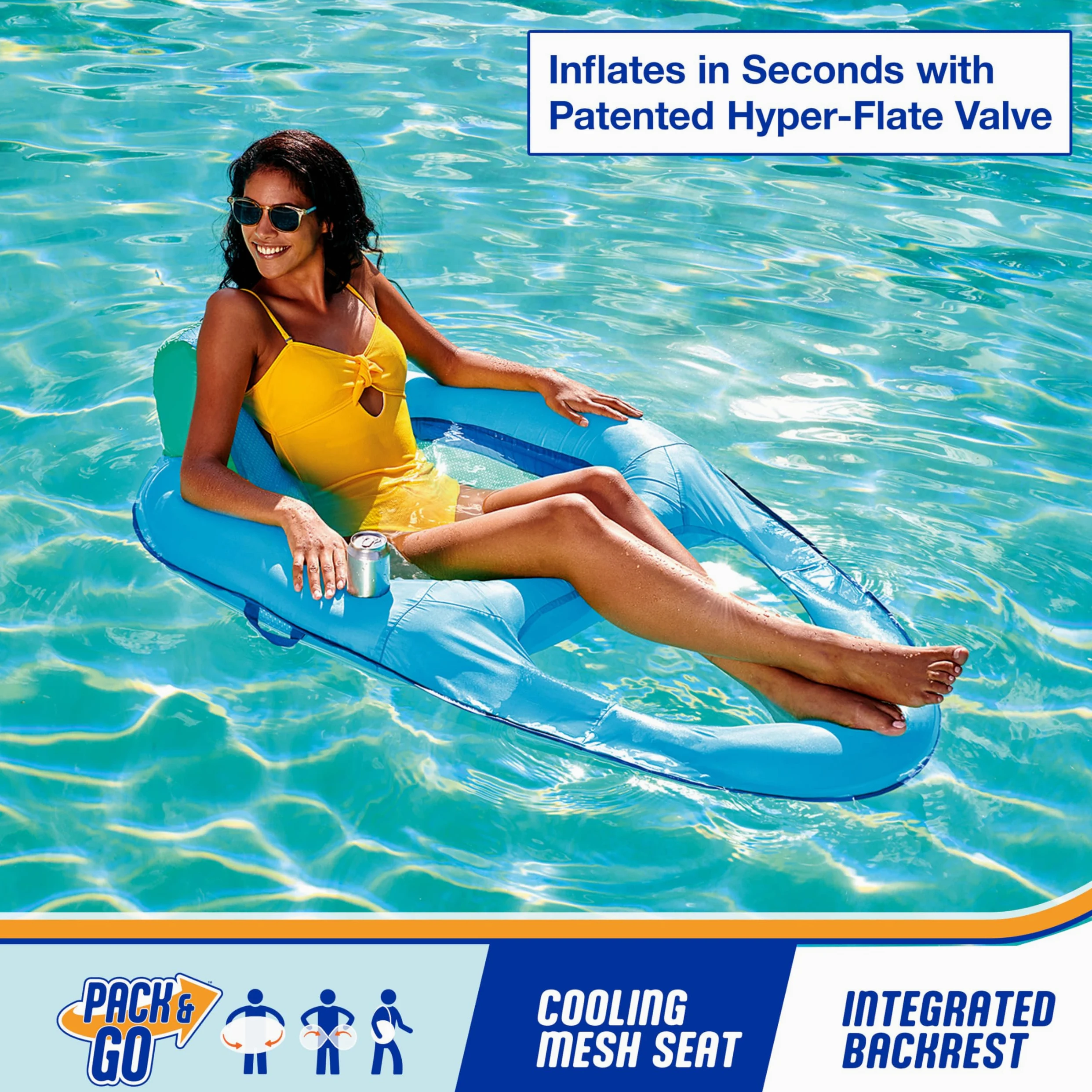 SwimWays Spring Float - Silla reclinable para Piscina con válvula Hyper-Flate, Color Aguamarina