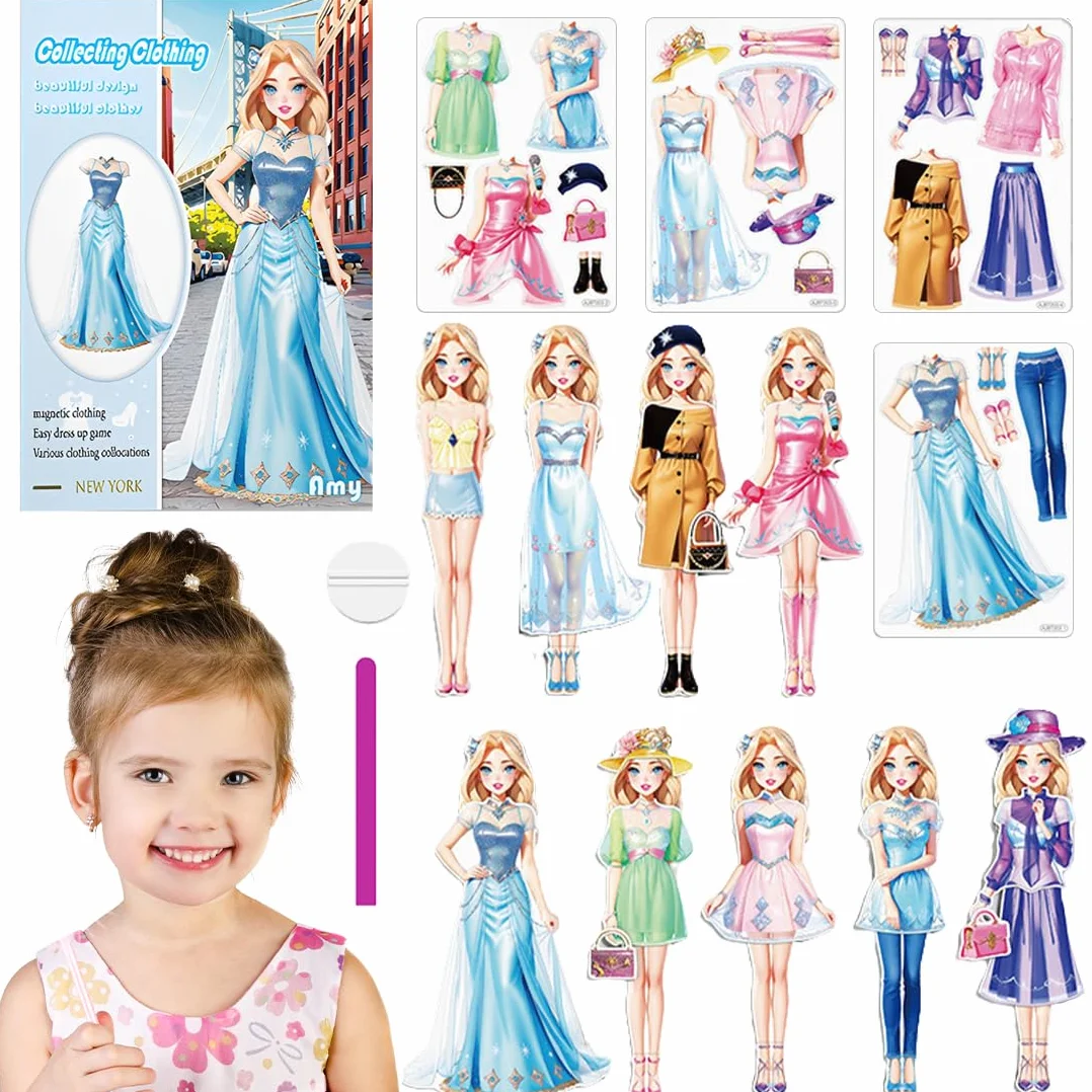 Muñecas de Vestir Magnéticas Muñeca de Papel de Vestir de Princesa Juguete de Juego de Viaje de Simulación y Juego Muñeca de Portátil para Vestir Princesas Regalo para Niña (Amy)