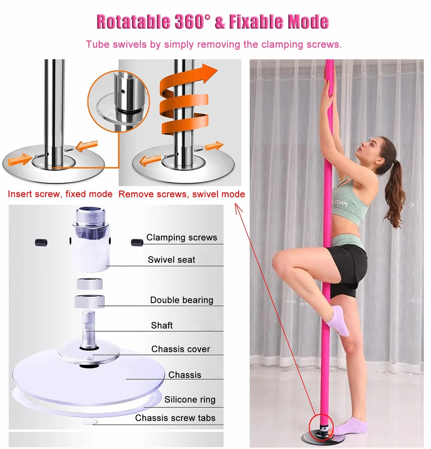 Barra Pole Dance Silicona Premium 7,5-12,3 Pies para Entrenamiento Cuerpo Completo