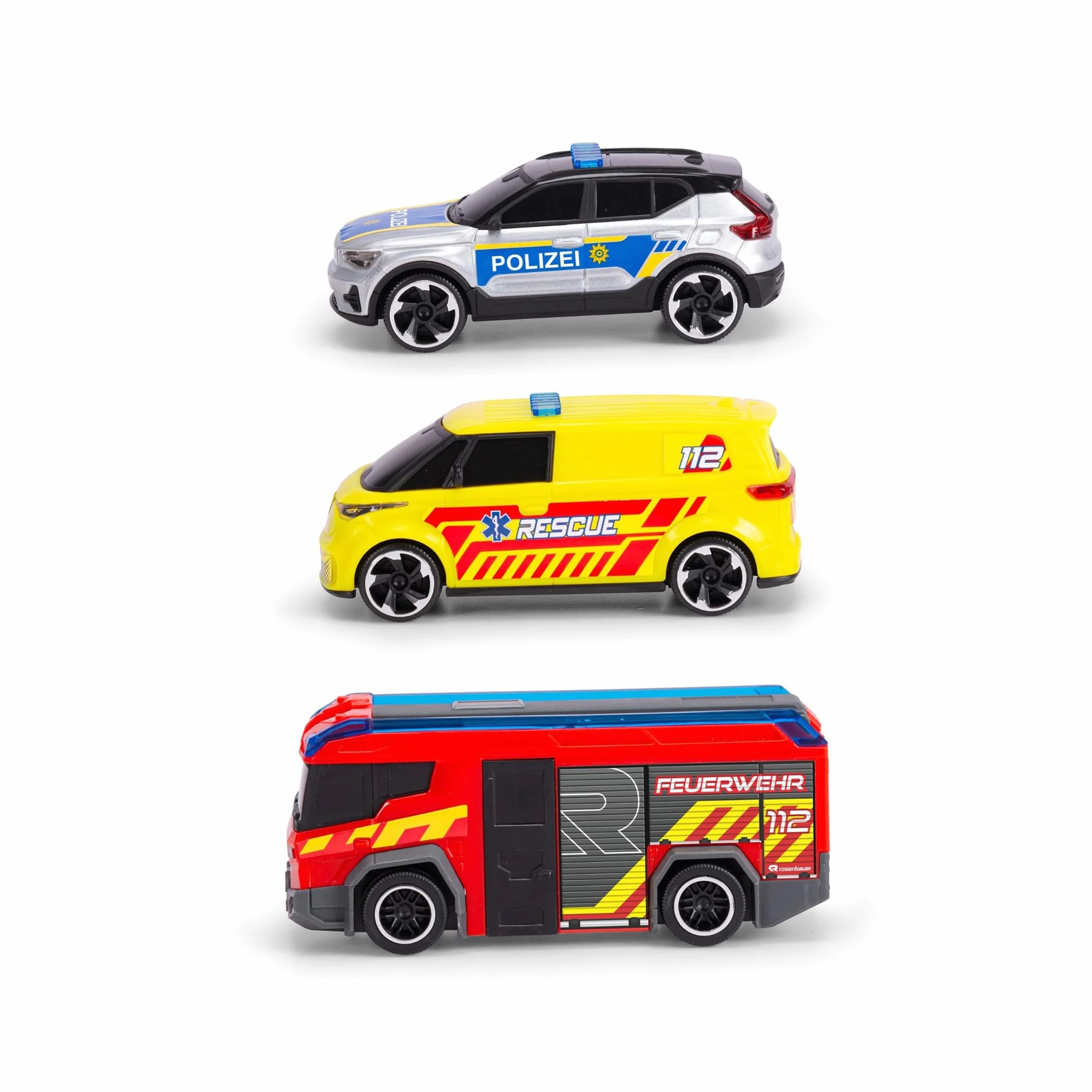 Dickie Toys - S.O.S Station para niños a Partir de 3 años (31 x 22 cm) con 3 Coches de Juguete (Coche de policía, Ambulancia, camión de Bomberos), estación de Bomberos y policía con luz y Sonido