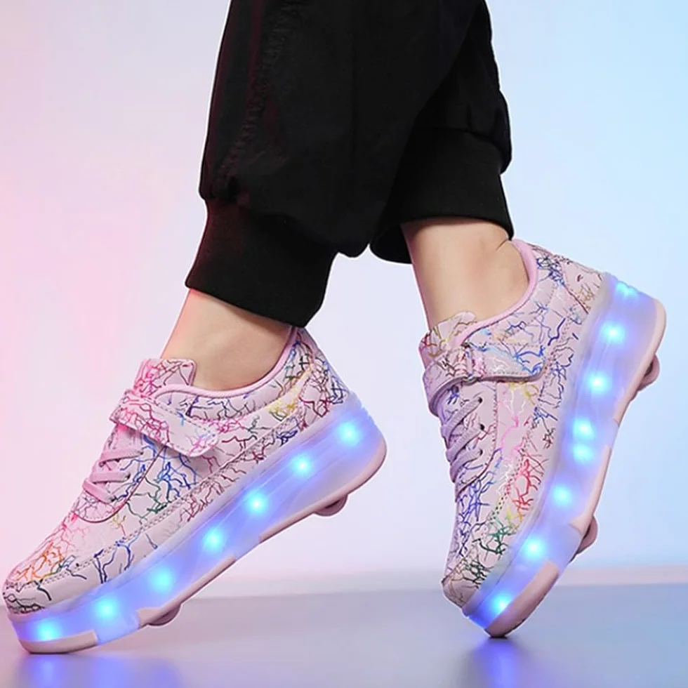 Mateju Patines Brillantes con 4 Ruedas Retirable Zapatos con Ruedas para Niños y Niñas 2 en 1