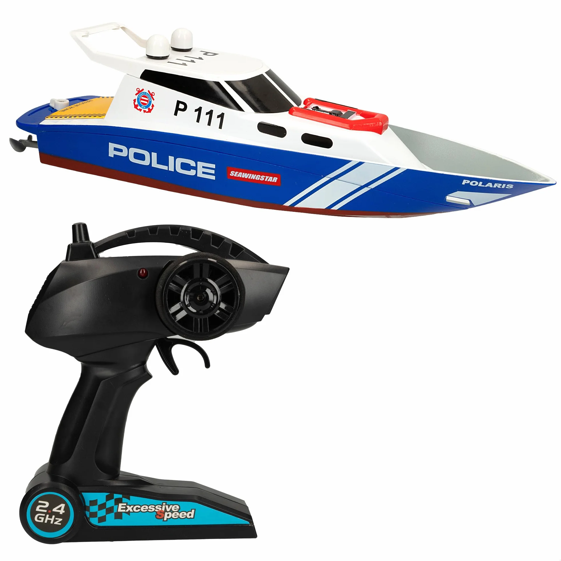 ColorBaby 47674 Racing Boat Lancha radiocontrol policía, 36x10x10 cm, Mando Control Remoto, 6 direcciones, 2.4 GHz, Alcance 35-40 m, Barco RC, Juguetes radiocontrol, Juguetes para niños, +4 años
