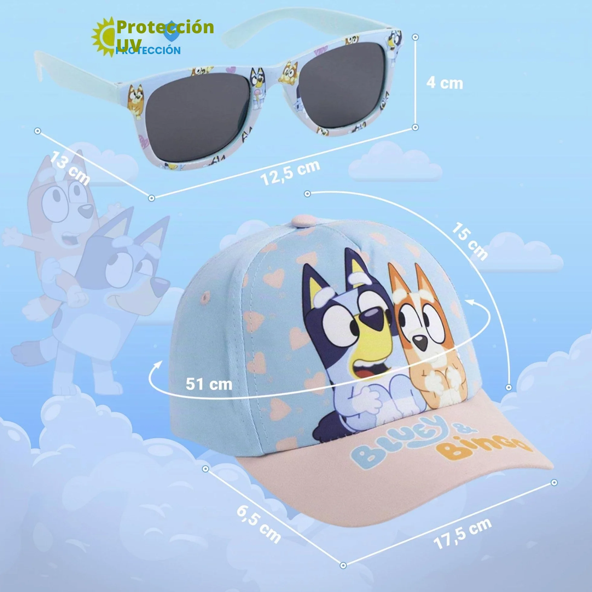 Bluey Gorra y Gafas de Sol Set Infantil Original Unisex - Accesorios Verano con Protección UV y Ajustable