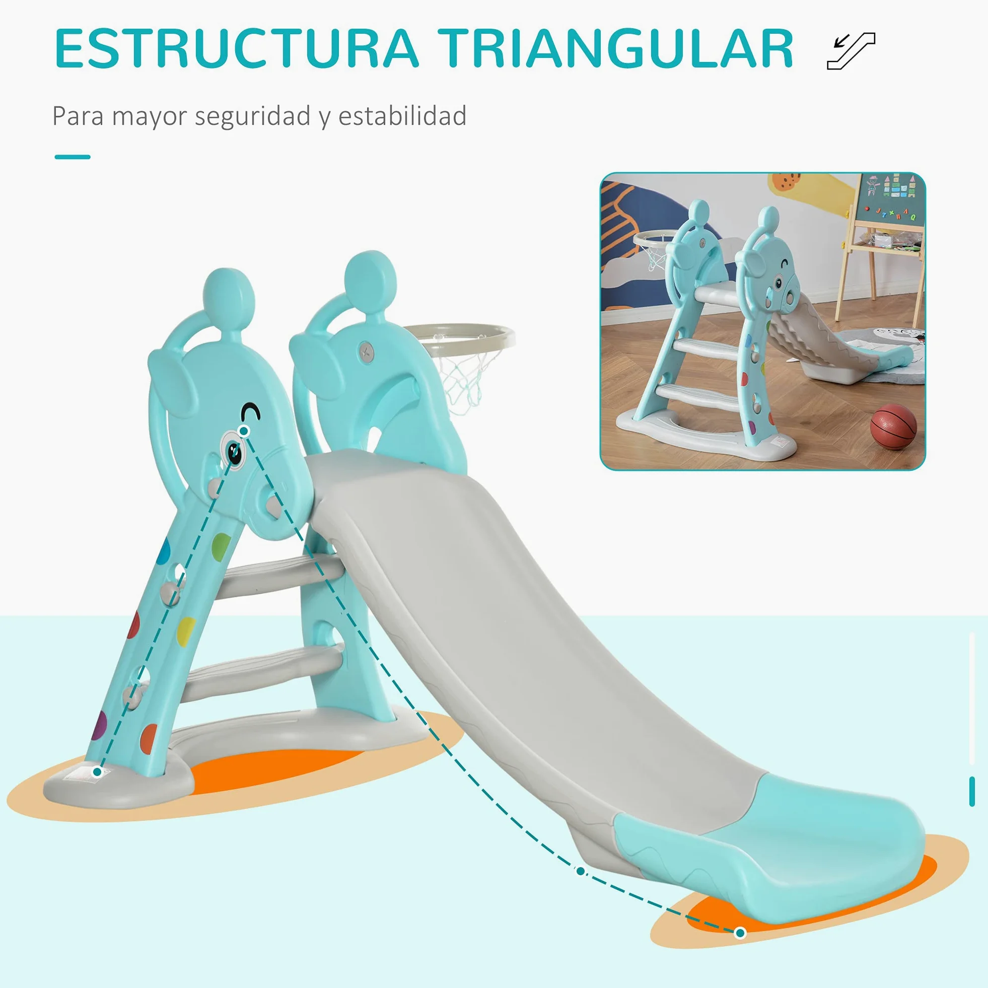 HOMCOM Tobogán para Niños +18 Meses Plegable 2 en 1 con Canasta de Baloncesto Modelo Jirafa Juguete Infantil para Interiores y Exteriores 147x82x85,5 cm Azul y Gris