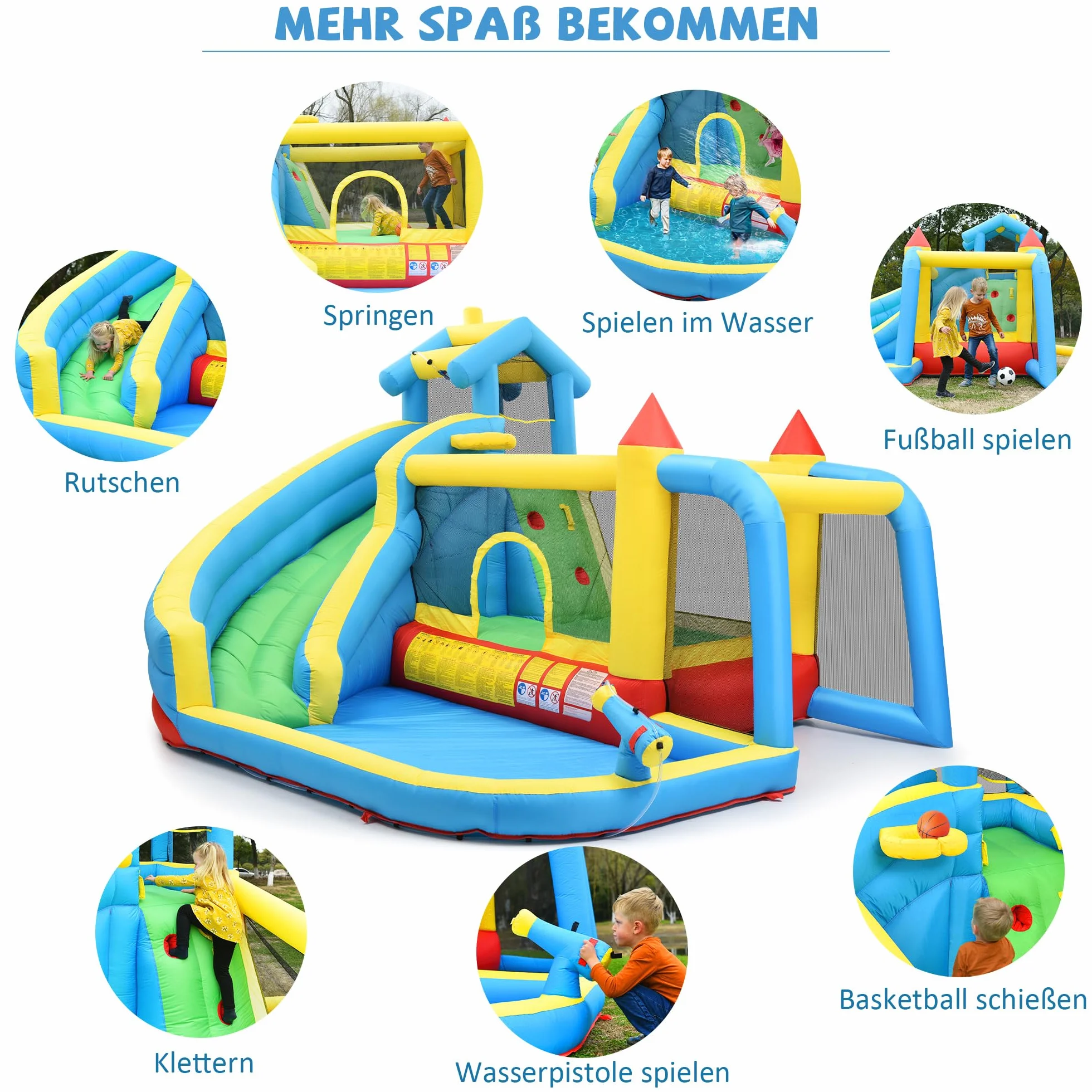 Bouncy Castle para niños 5 en 1 con ventilador, parque acuático inflable con tobogán, plataforma de salto, piscina y red de fútbol, castillo hinchable al aire libre para jardín, tela Oxford