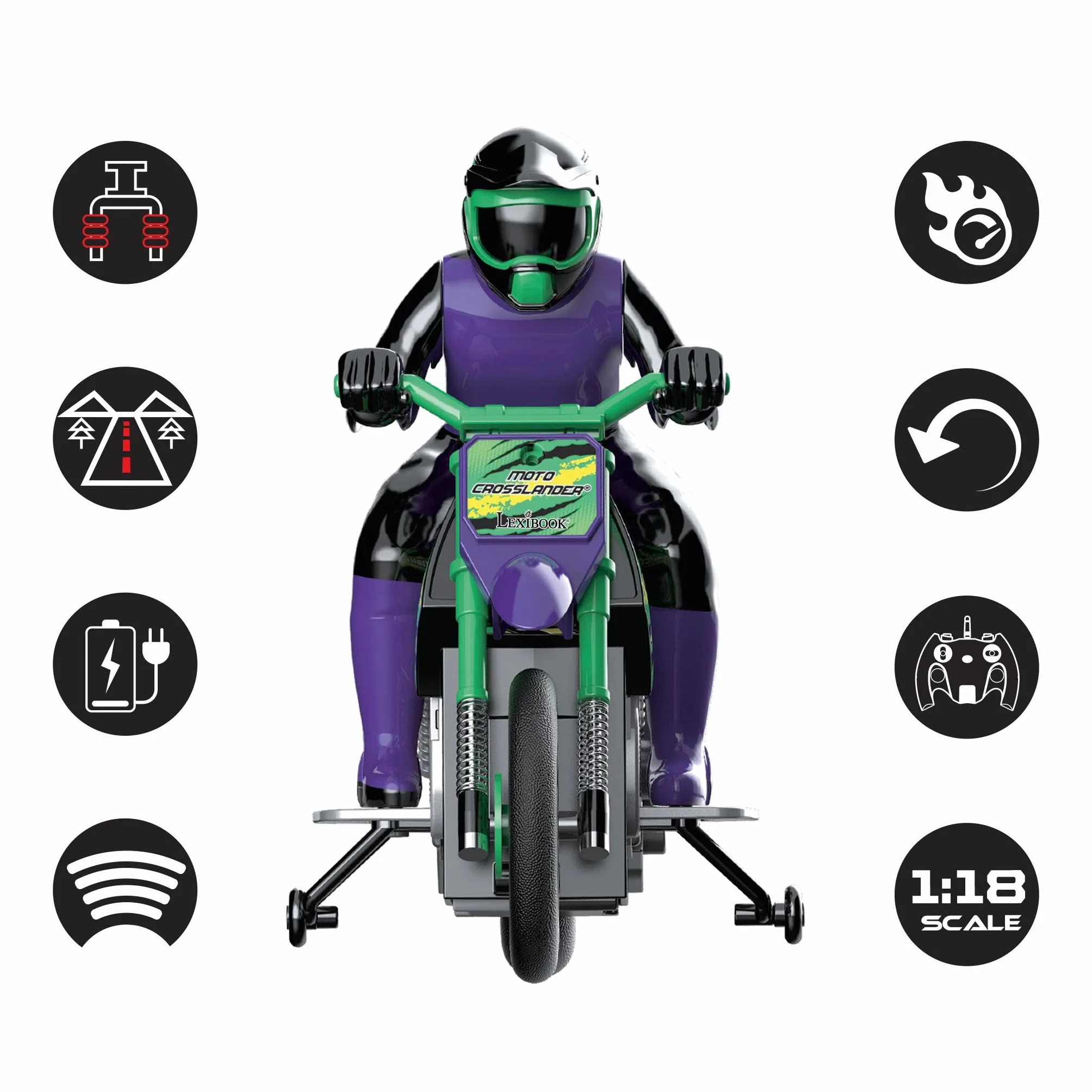 Lexibook, Moto Todoterreno radiocontrolada Crosslander®, hasta 12km/h, Equilibrio, Efectos de luz, derrapes Locos, aceleración rápida, Mando a Distancia ergonómico, Recargable, RC18LXB