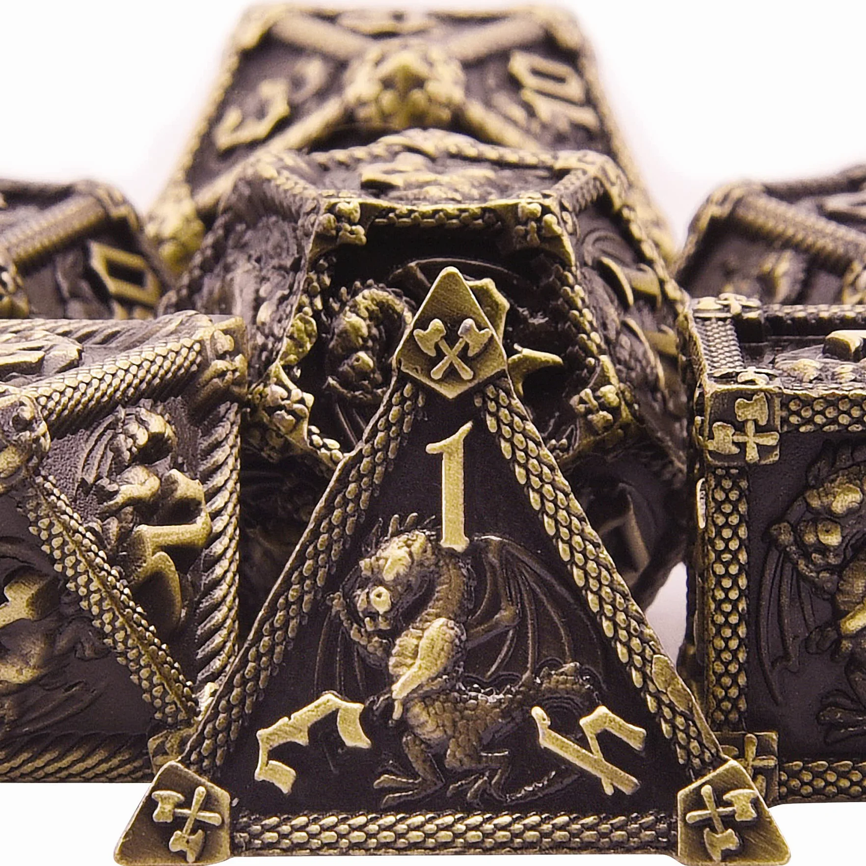 SIQUK 7 Piezas Juego de Dados Metálicos Poliédricos D20 D12 D10 D% D8 D6 D4 para Dungeons and Dragons MTG RPG, Bronce