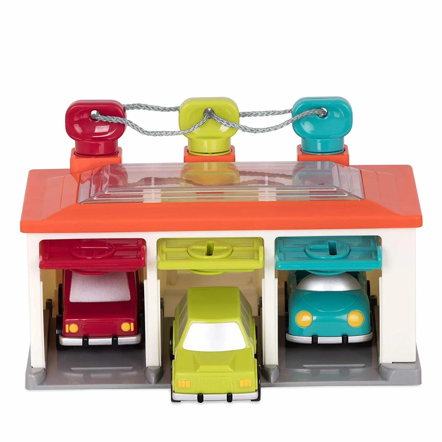 Battat - Garaje para 3 Coches - Coche Garaje Playset - Juguete Causa-Efecto - Carros Push & Go - Juguete clasificador por Colores - 2 años +