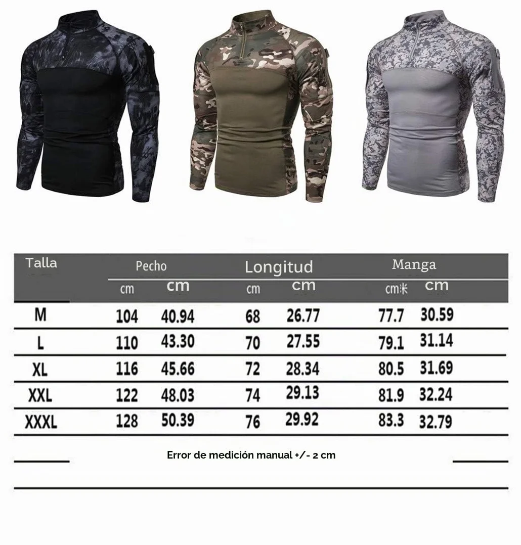 Camisa táctica de manga larga con cremallera 1/4 para hombre, estilo militar, camisa de combate con bolsillos, airsoft, caza, camping