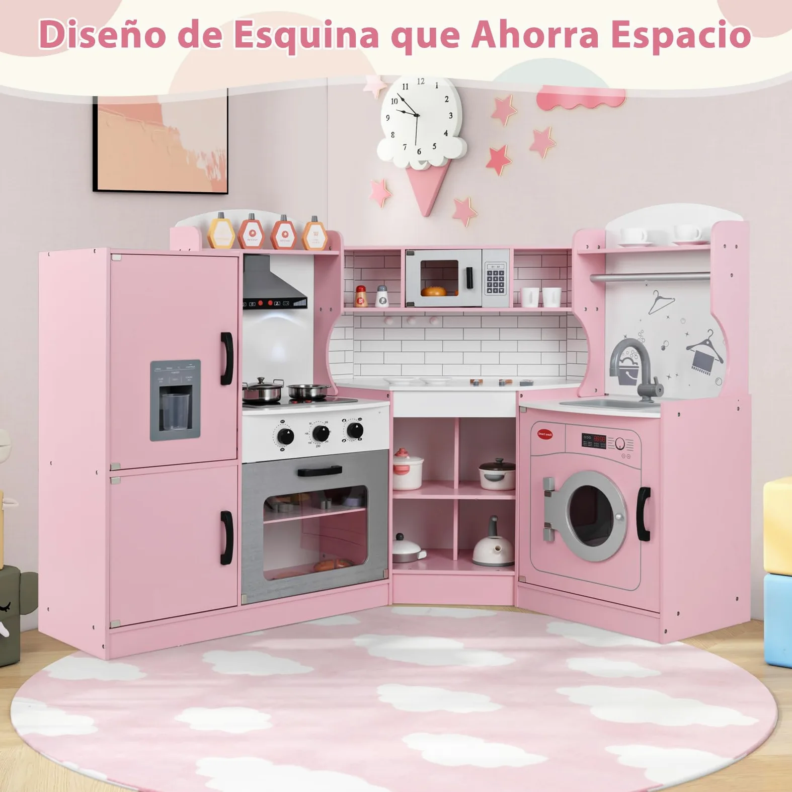GOPLUS Cocina de Juguete de Esquina para Niños, Cocinita Infantil con Máquina de Hielo, Microondas, Estufa, Horno, Fregadero, Lavadora, con Luces y Sonidos para Niños Pequeños de 3-10 Años (Rosa)