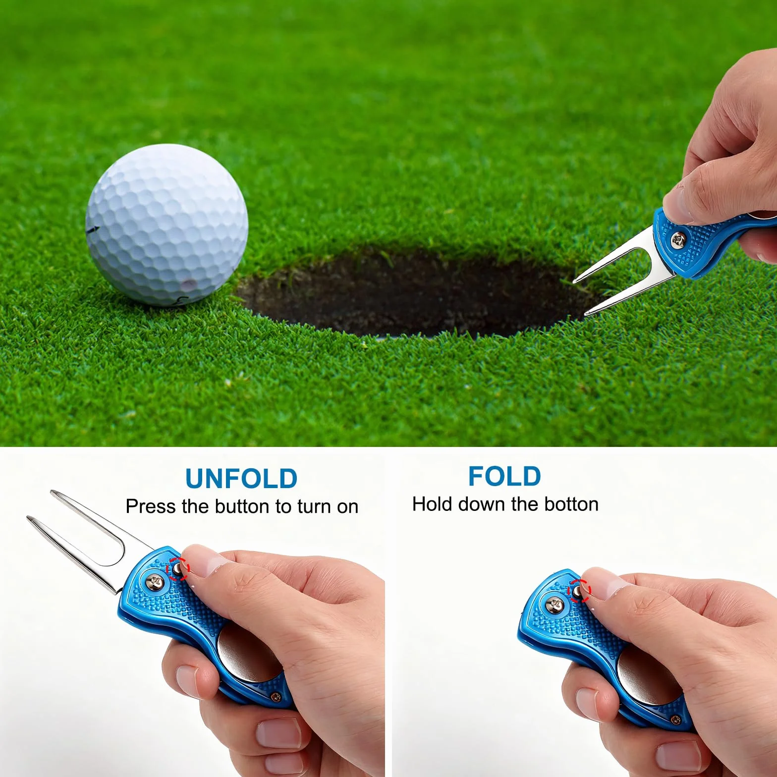 VOSSOT Set de 3 Herramientas Repara Divot Golf Plegables, Accesorios Golf Acero Inoxidable