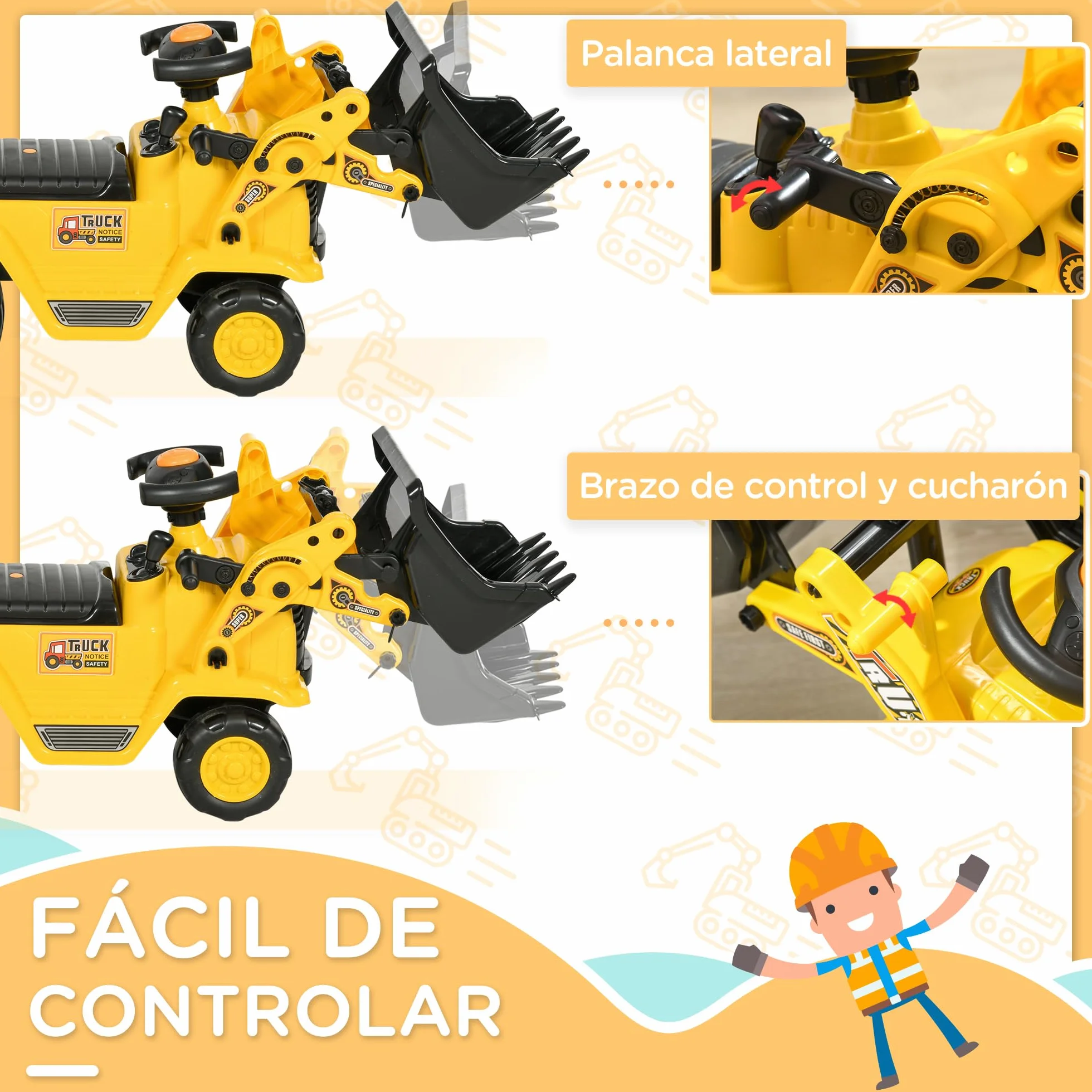 HOMCOM Tractor a Pedales para Niños de 18 a 48 Meses, Excavadora para Niños con Pala Delantera, Bocina, Volante y Compartimento Oculto bajo el Asiento, Carga 30 kg, 80x26,5x39 cm, Amarillo