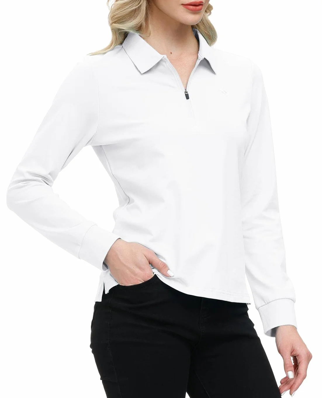 Mujer Polo Algodón Manga Larga Cremallera Camiseta Golf Trabajo