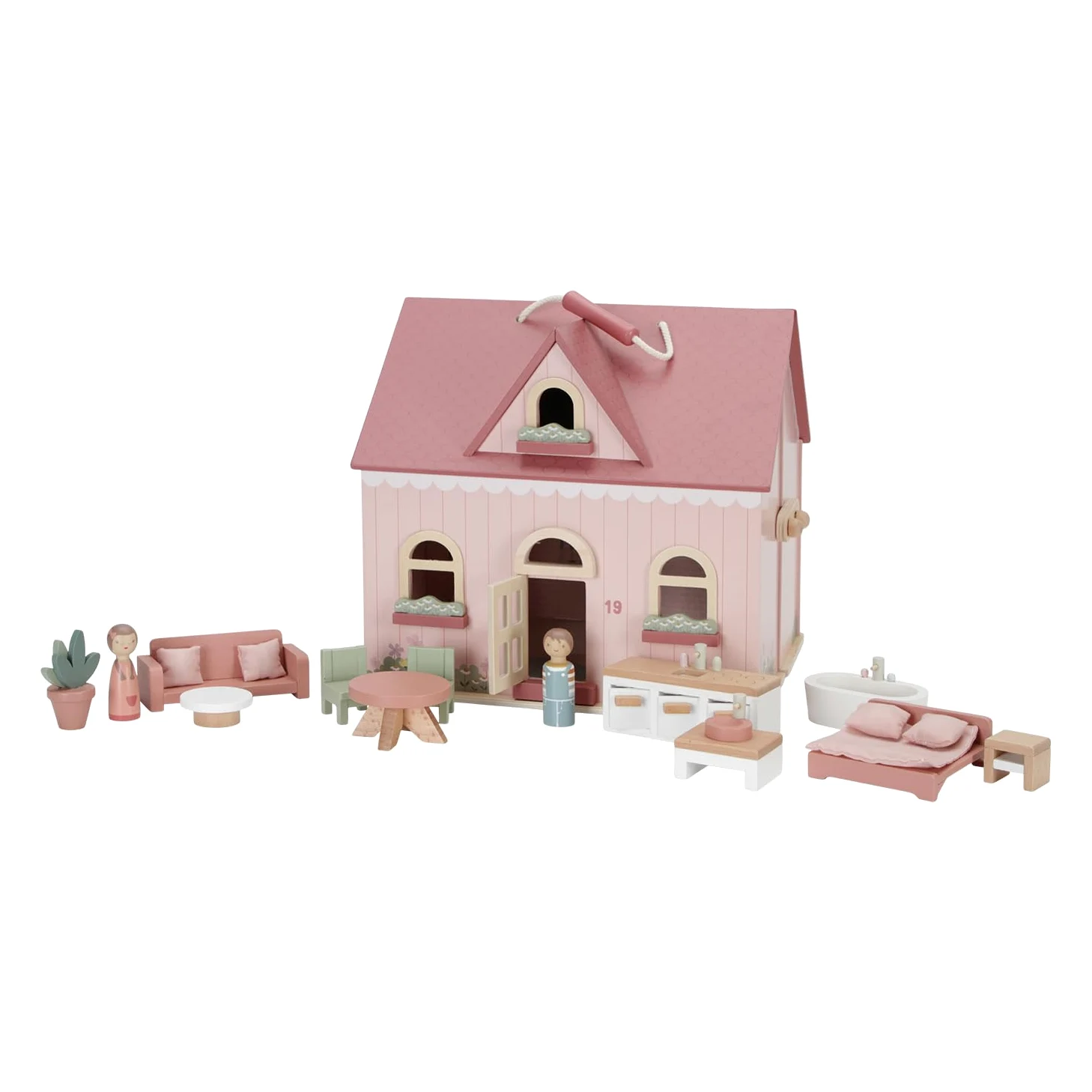 Little Dutch Casa de muñecas de madera portátil y plegable con muchos accesorios y figuras de juego, muebles rosa