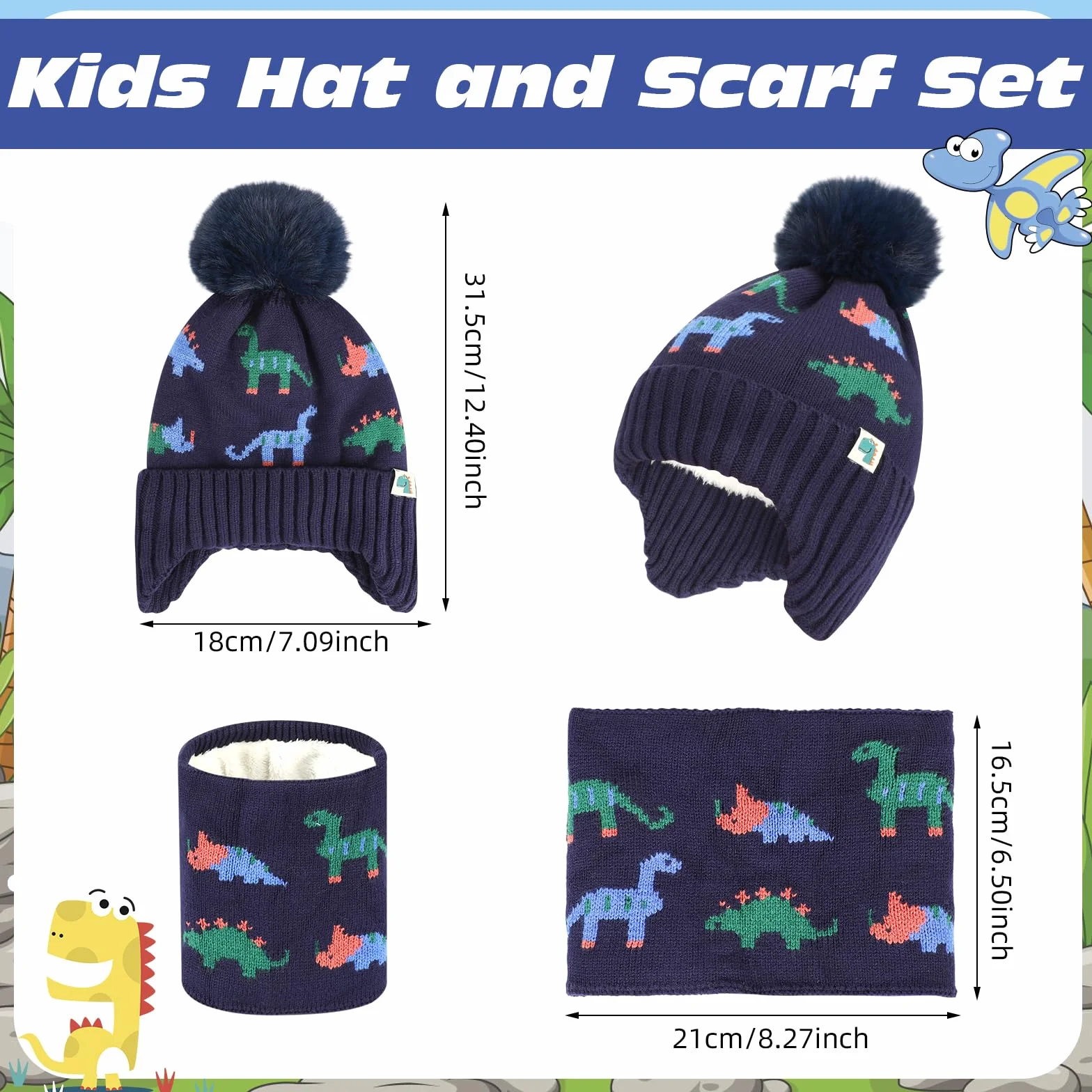 Conjunto de Gorro y Bufanda de Punto Invierno para Niños, Dinosaurio, 2-6 años