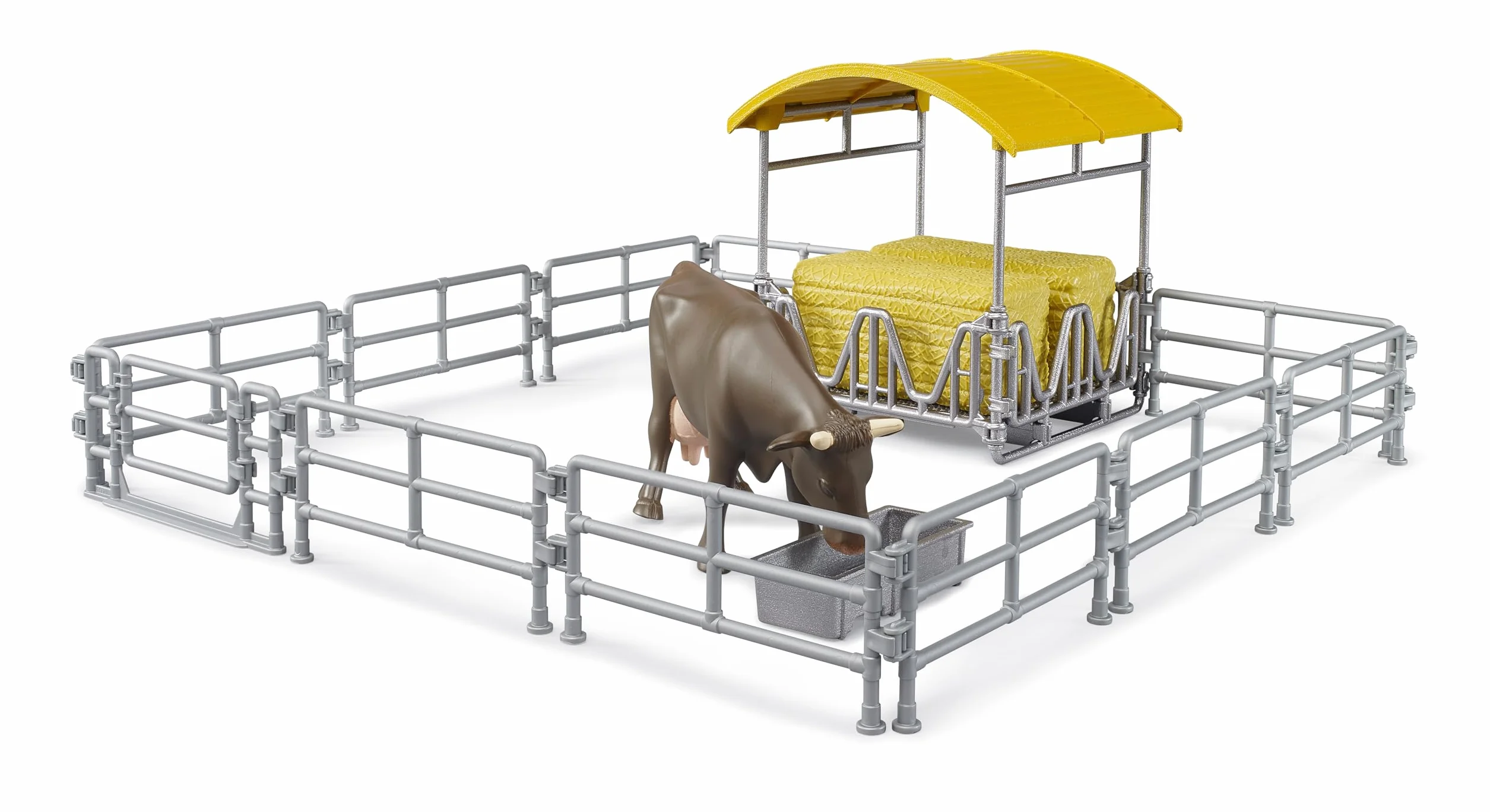 Bruder 62612 - Comedero con Vallas, abrevadero, pacas cuadradas y 1 Vaca - Accesorios para Granjas, Agricultura, Vacas, Juguetes