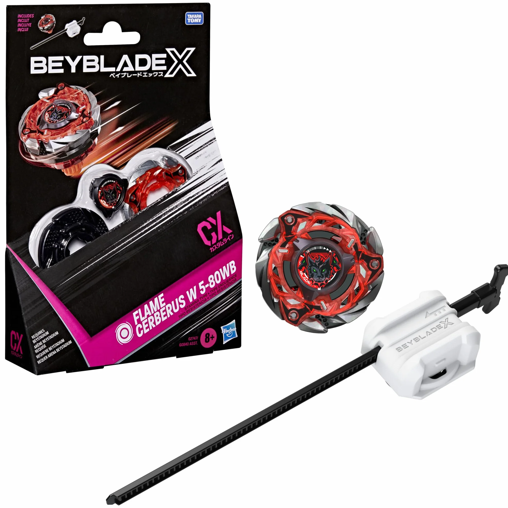 Beyblade X, Flame Cerberus W 5-80WB CX, Kit Inicial con Top Takara Tomy de Tipo Resistencia y Lanzador, Juego de Tops de Batalla, A Partir de 8 años