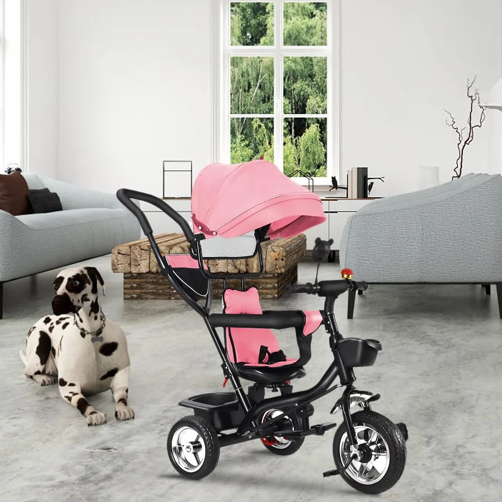 Pusieta Triciclo con pedales 4 en 1, Triciclo evolutivo para bebé, Trike Bebé, Bicicleta con asiento para niños evolutiva, Bicicleta para niños de 5 años, Desde 9 meses, Compacto, (b) 4 en 1 (Rosa)