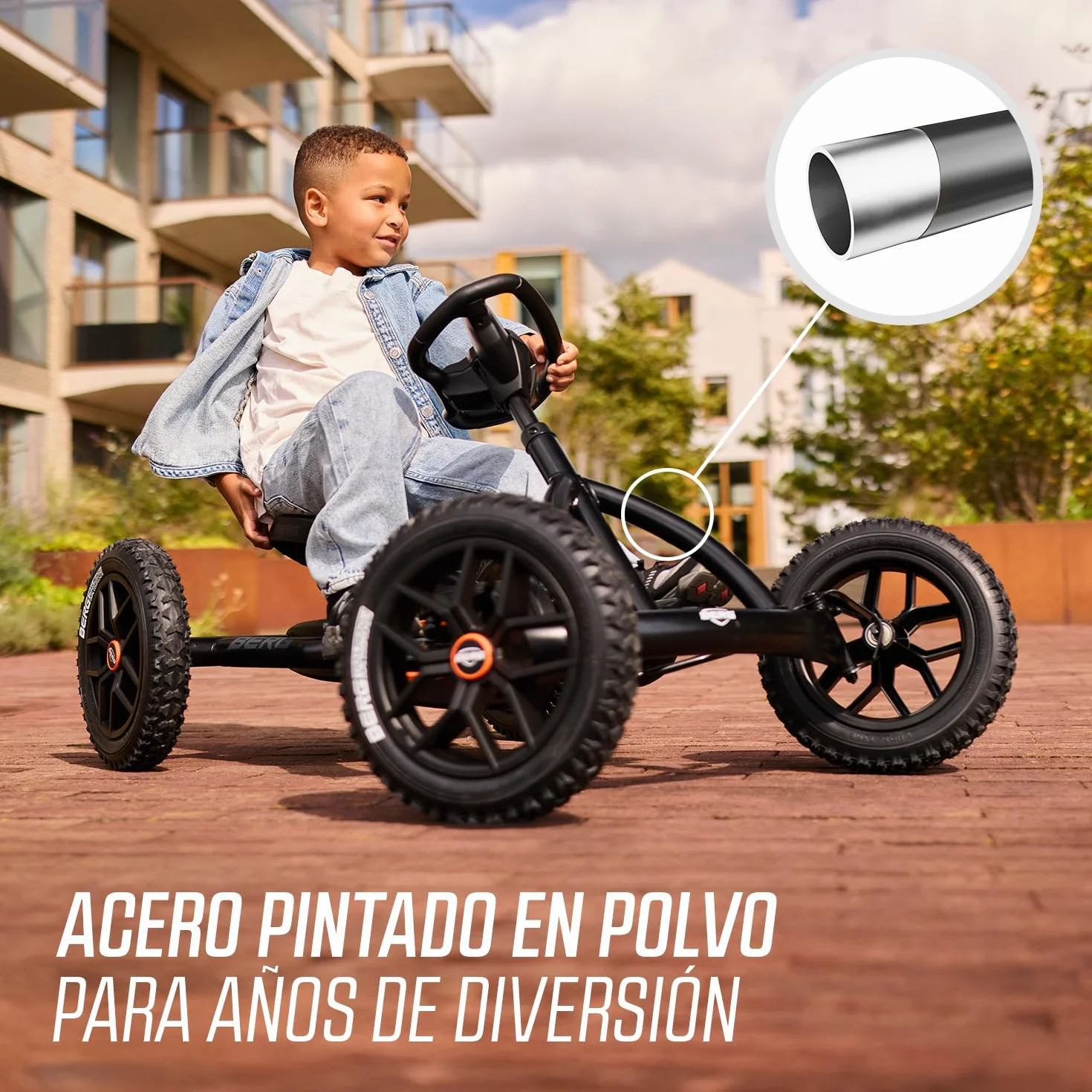 BERG Kart a Pedales Buddy Cross | Negro, 3-8 años, cuadro resistente, asiento regulable, volante regulable