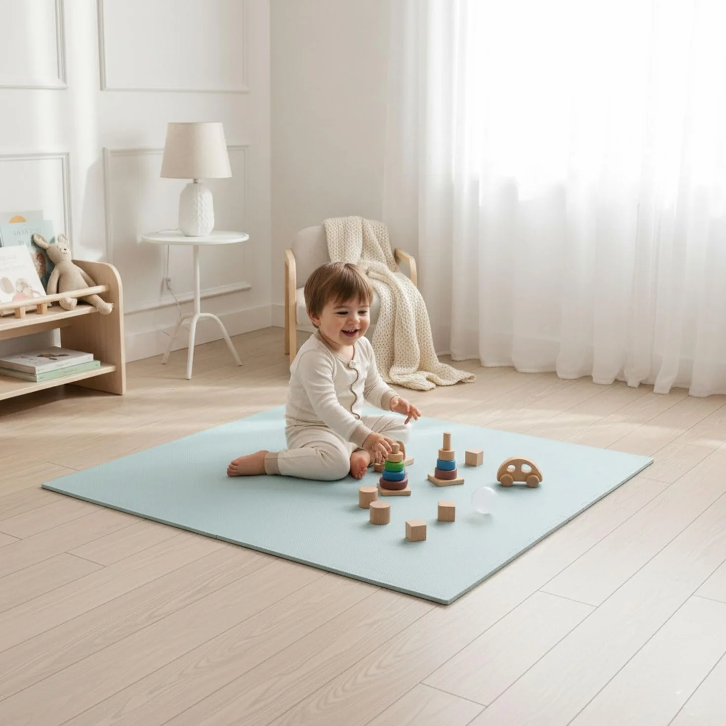 LittleTom Alfombra Puzzle Infantil Azul - 4 Piezas Encajables 50x50 cm - Colchoneta de Goma Espuma EVA 100x100 cm para Niños - Protector Suelo Acolchado sin BPA - Manta de Juegos Impermeable