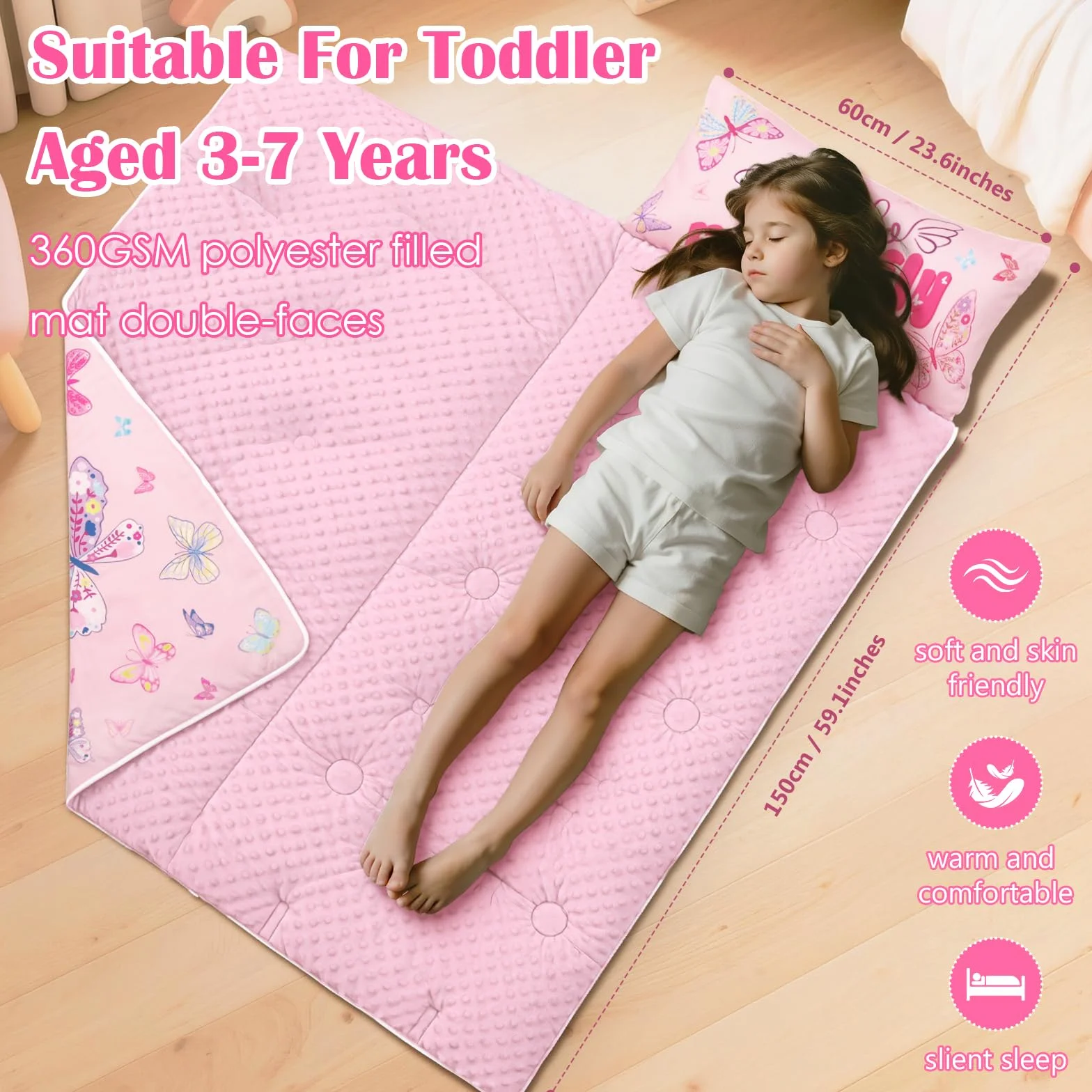 decalsweet Saco de Dormir Infantil con Almohada Extraíble, Cálida Plegable Alfombrilla de Siesta para Niños y Niñas, Bolsa de Dormir con Cremallera para Camping Siesta, 150×60cm