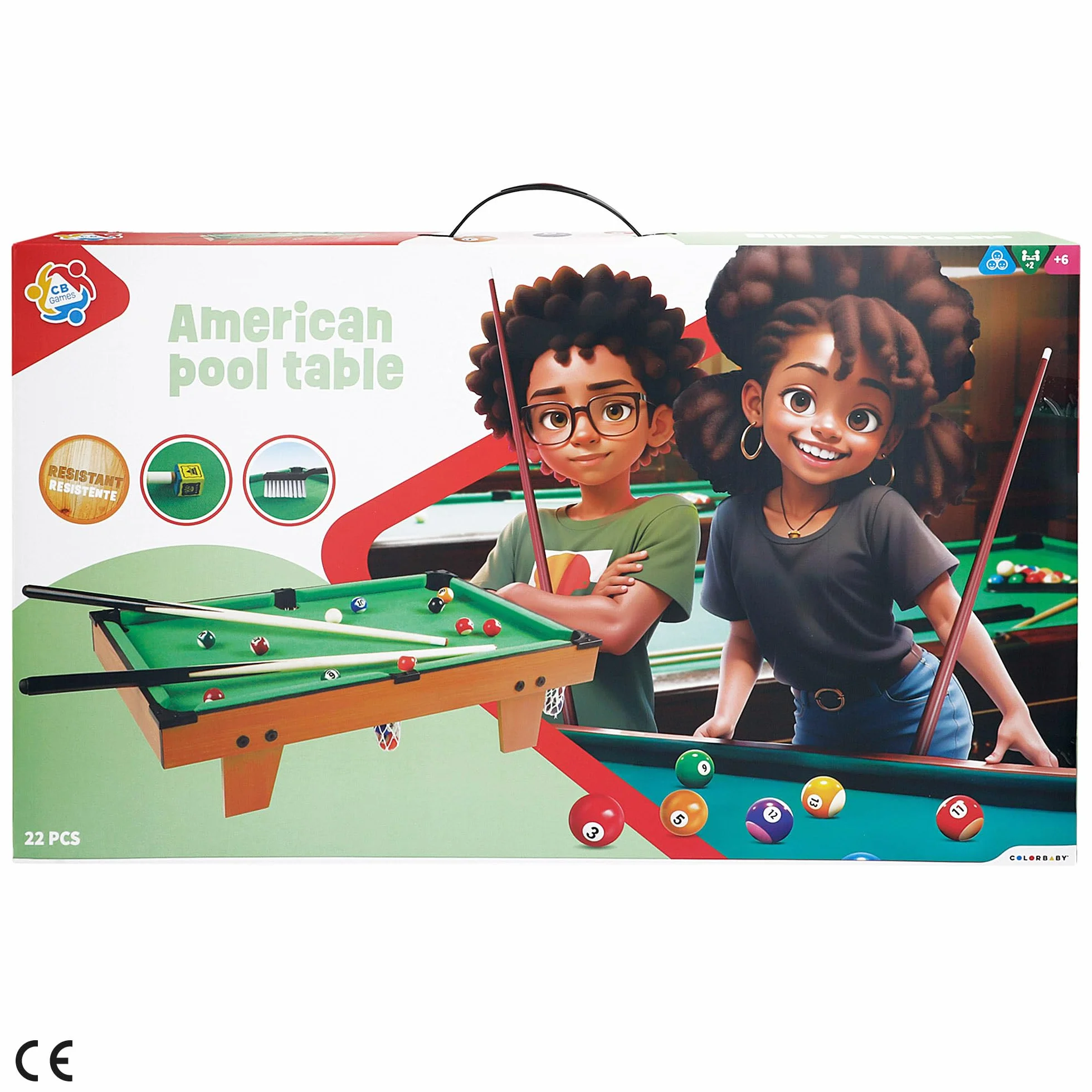 ColorBaby CB Games Mesa Billar para niños, Sobremesa, Madera Resistente, 22 Piezas, Incluye Tacos, Tiza, triángulo y Cepillo, 2-4 Personas, 62x36x15 cm, Juego de Bolas, Juguetes 6 años (43269)