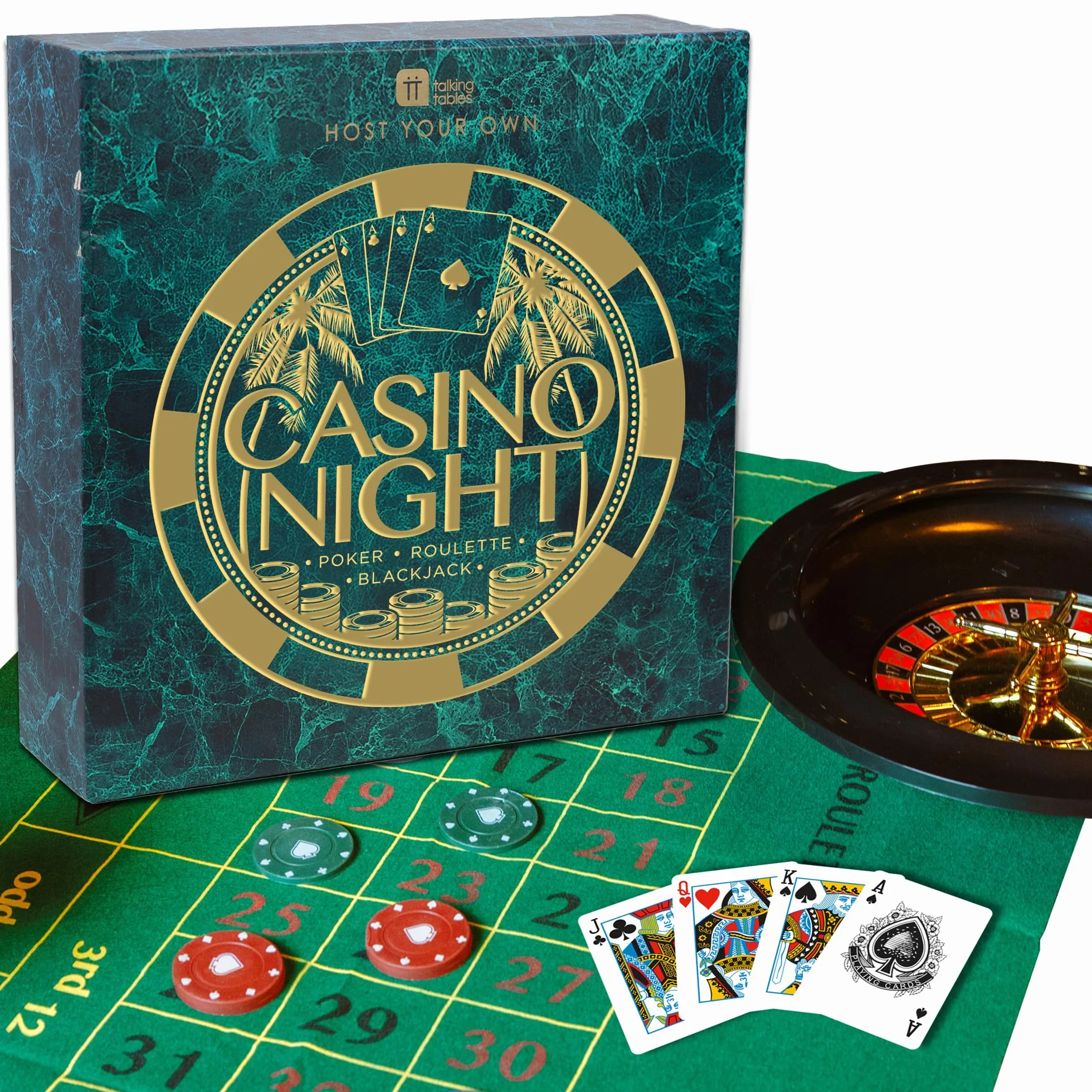 Talking Tables Kit de Casino Noche Poker, Blackjack, Ruleta | Tapete, Fichas, Dinero, Bolas, Cartas, Stick Crupier | Regalo para Adultos