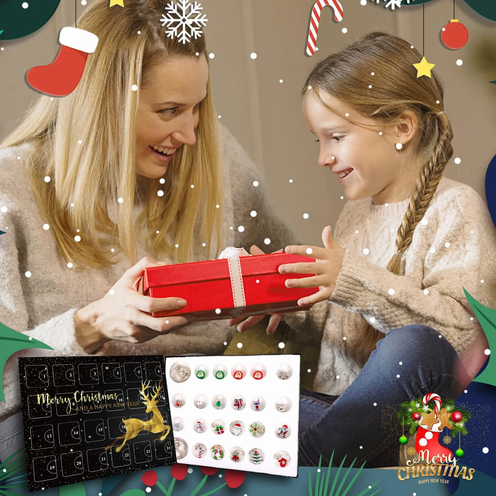 Adwenskalenda 2025 - Calendario de Navidad para niños, joyas para niñas, con 24 manualidades, pulsera, kit de Navidad, calendario de cuenta regresiva para adolescentes, niñas, 6, 7