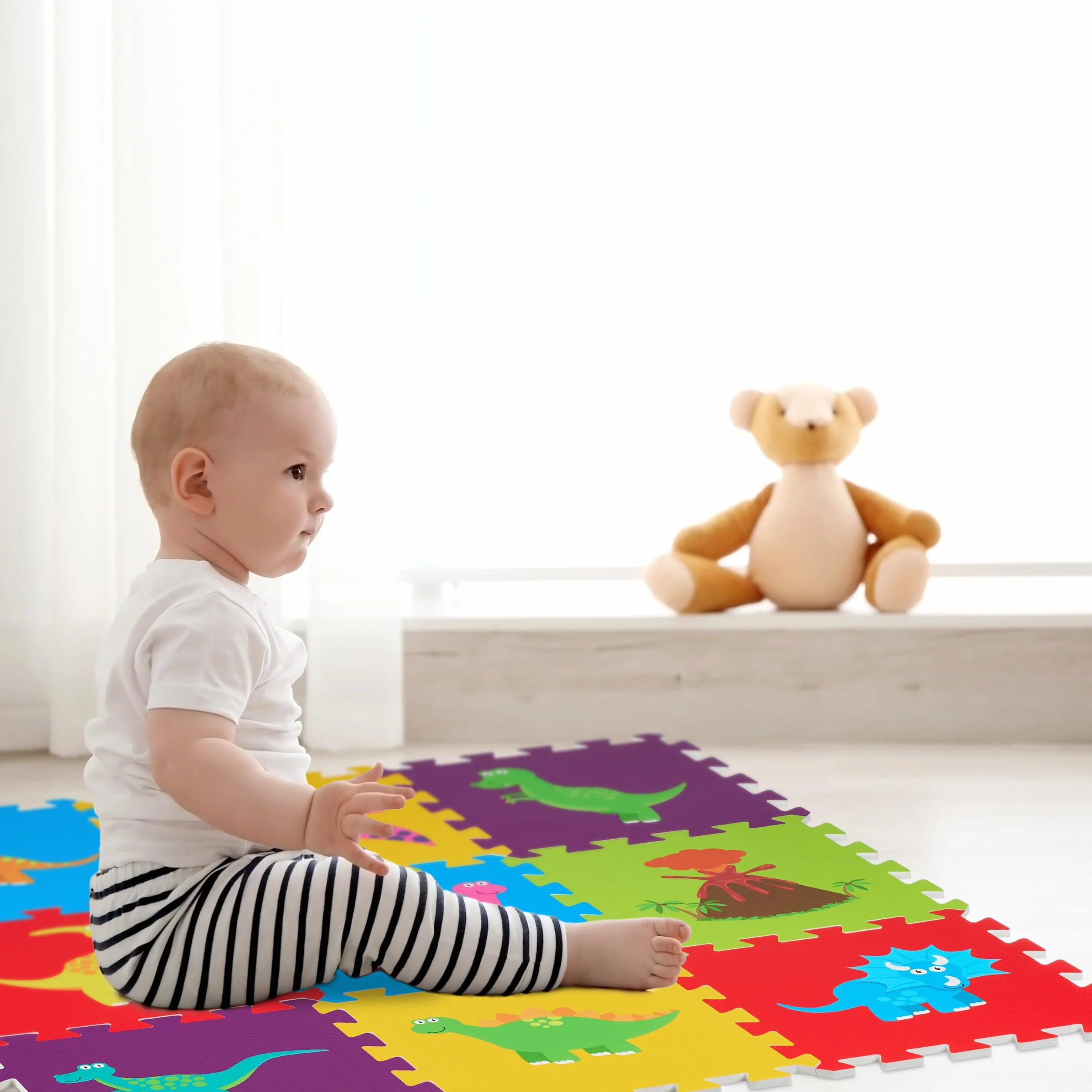Relaxdays Alfombra Puzzle, Alfombrilla de Juego 3 x 3, Dinosaurios, Esterilla Gateo, Gomaespuma sin BPA, Multicolor, 86x86cm