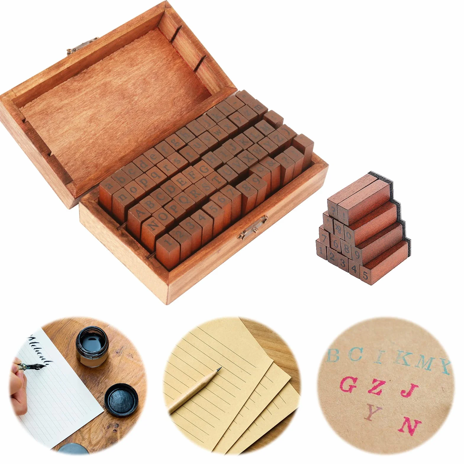 70 sellos de letras del alfabeto, juego de letras del alfabeto de goma de madera, números y símbolos, números y puntuación, kit de sellos de tinta multiusos con caja de almacenamiento, para