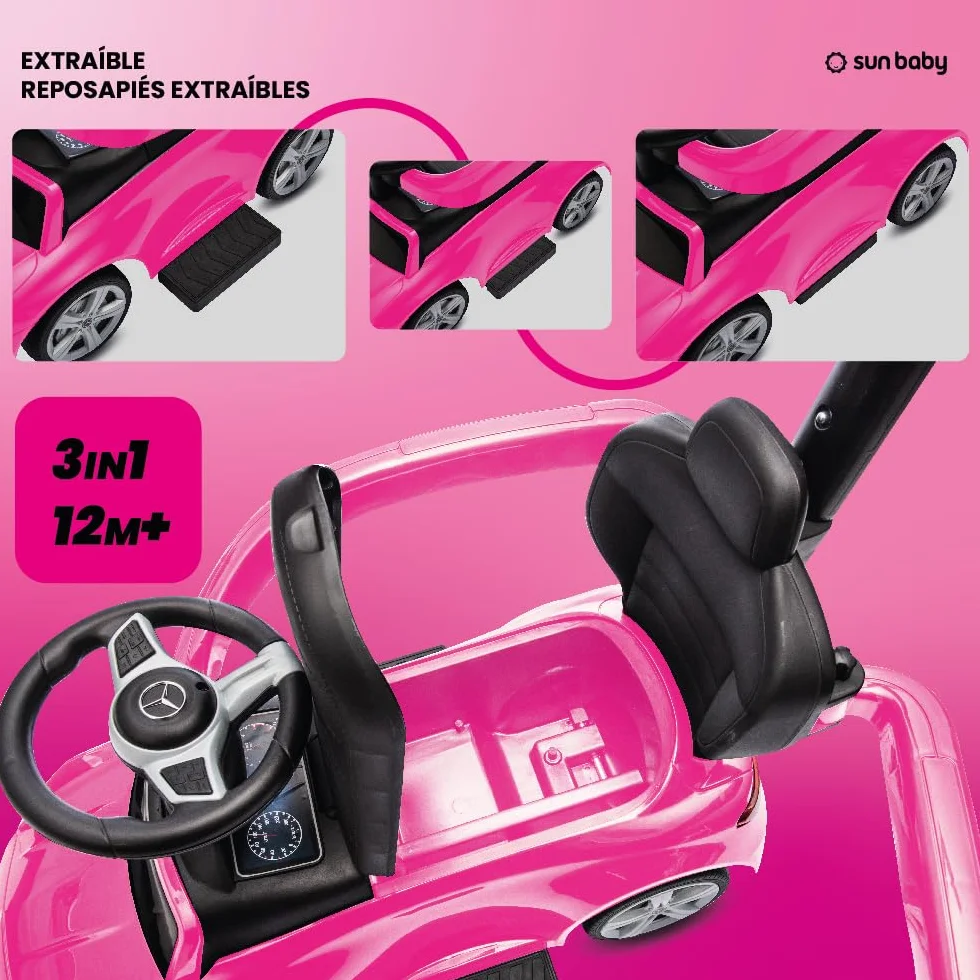 sun baby Coche de Empuje Mercedes C-Class, Coche para Niños a Partir de 1 año, Respaldo Alto, Volante con Audio, reposapiés Extensibles, Compartimento portaobjetos (Rosa)