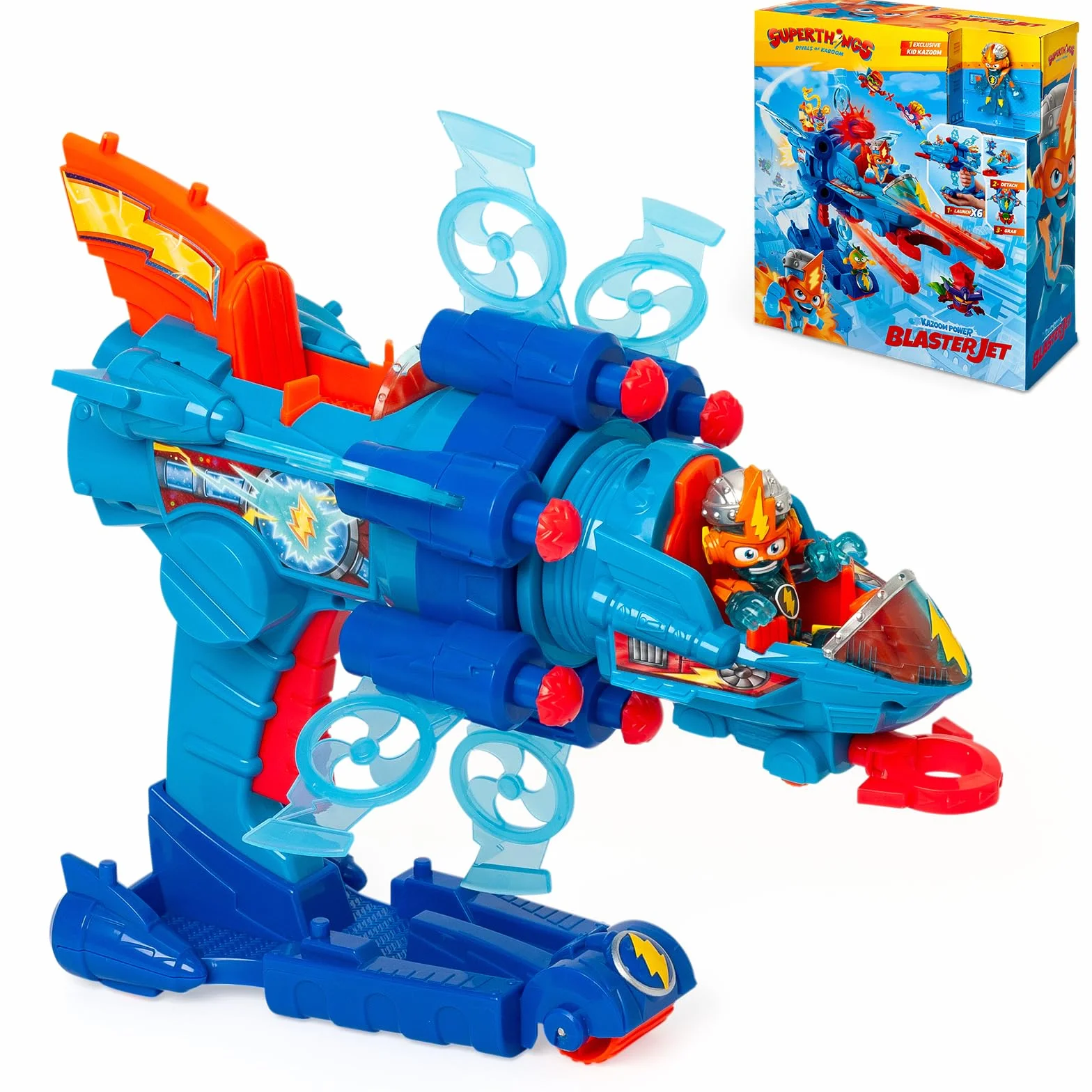 SUPERTHINGS KAZOOM Power – Vehículo Multi-acción de la Serie de TV ''Kazoom Power'', Contiene 1 Blaster Jet, 1 Kid Kazoom Exclusivo y 6 Proyectiles