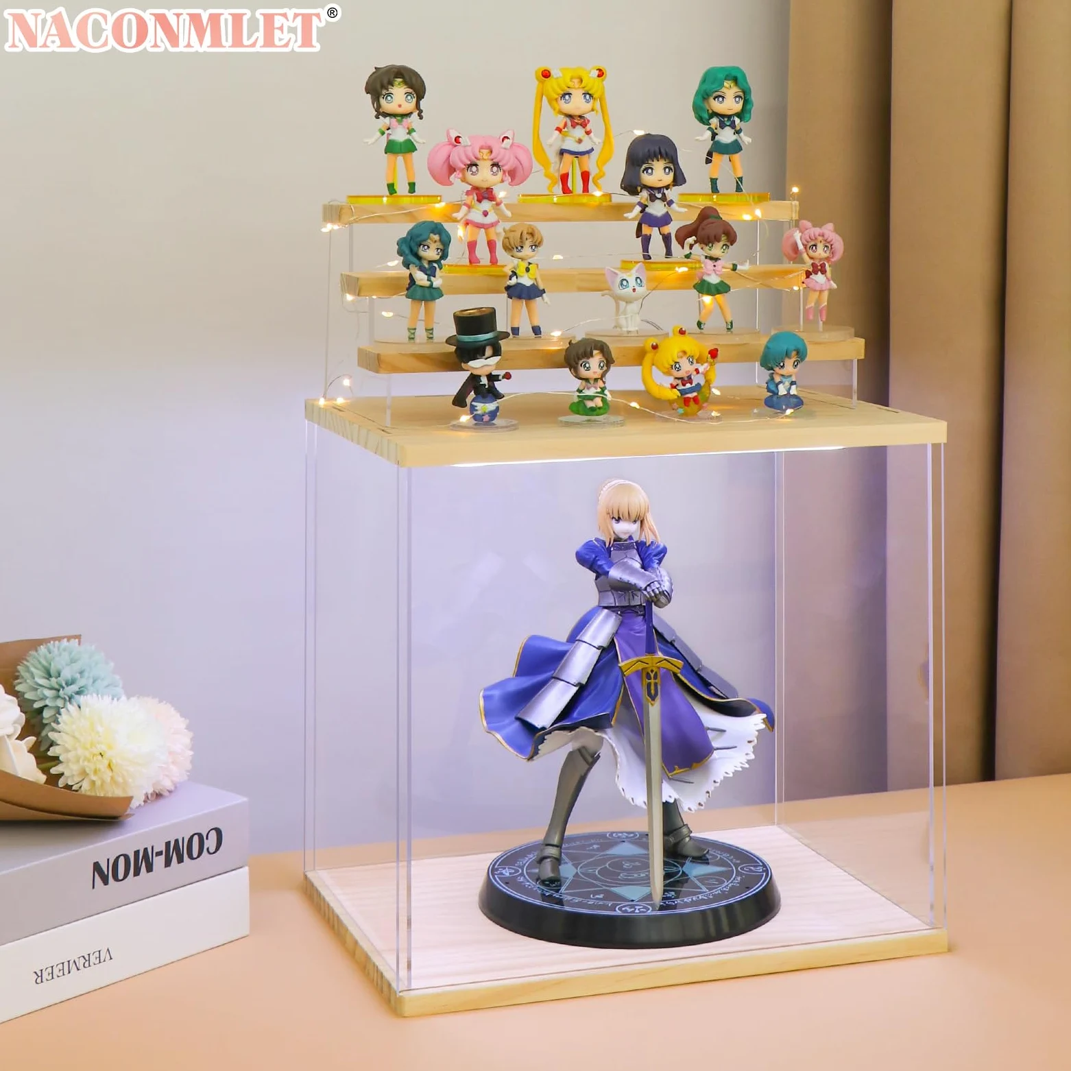Vitrina acrílica transparente para figura con luz LED, soporte de exhibición de 6 niveles, caja de exhibición Funko Pop, vitrina de protección a prueba de polvo para coleccionables (pequeño 6 niveles