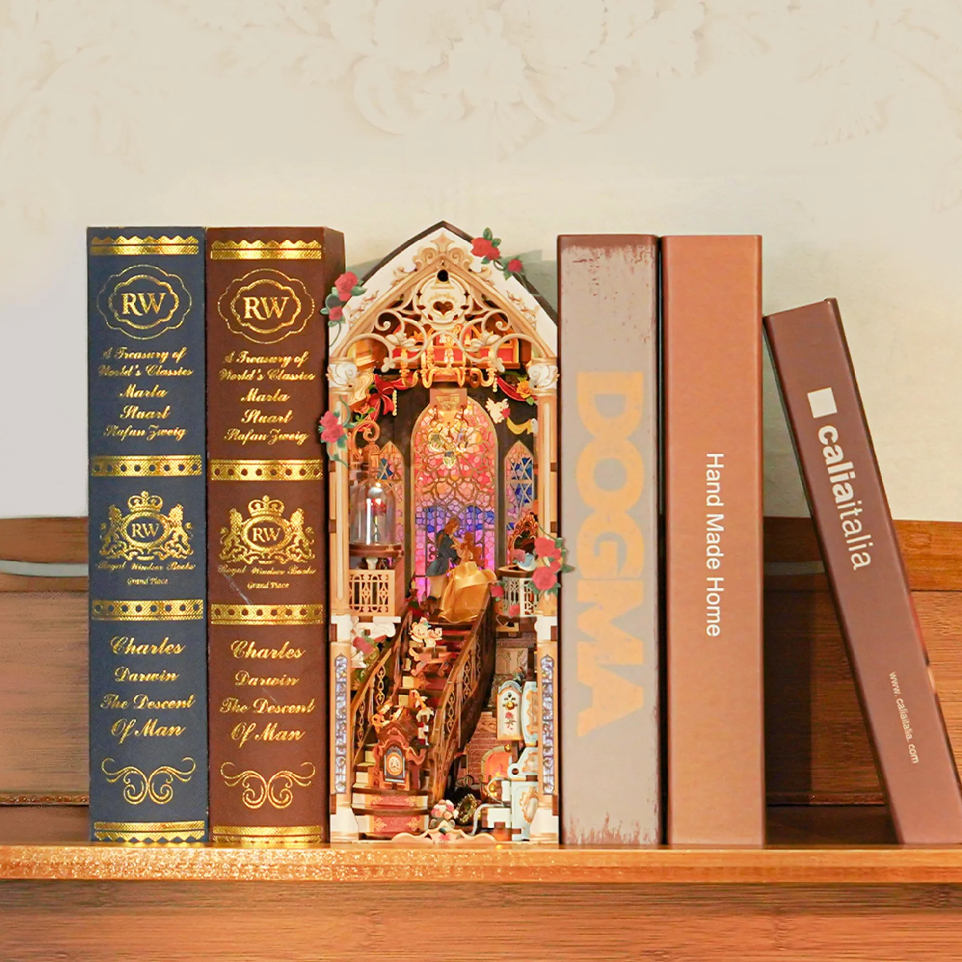Tonecheer Kit de rincón de Libros para Adultos, Rompecabezas de Madera 3D para sujetalibros, Casa en Miniatura con Luces LED (Bestia y Belleza)