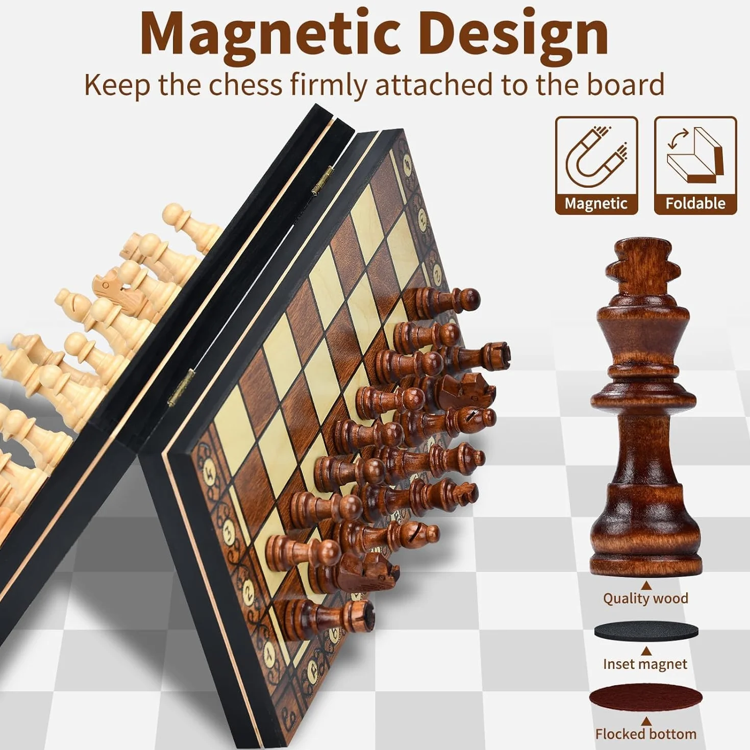 Aissom Juego De Ajedrez, 2 En 1 Madera, Ajedrez Magnetico Plegable con Ranuras de Almacenamiento,para Viaje Fiesta Regalos, Ajedrez De Viaje, Juego De Ajedrez para niños (29x29cm)