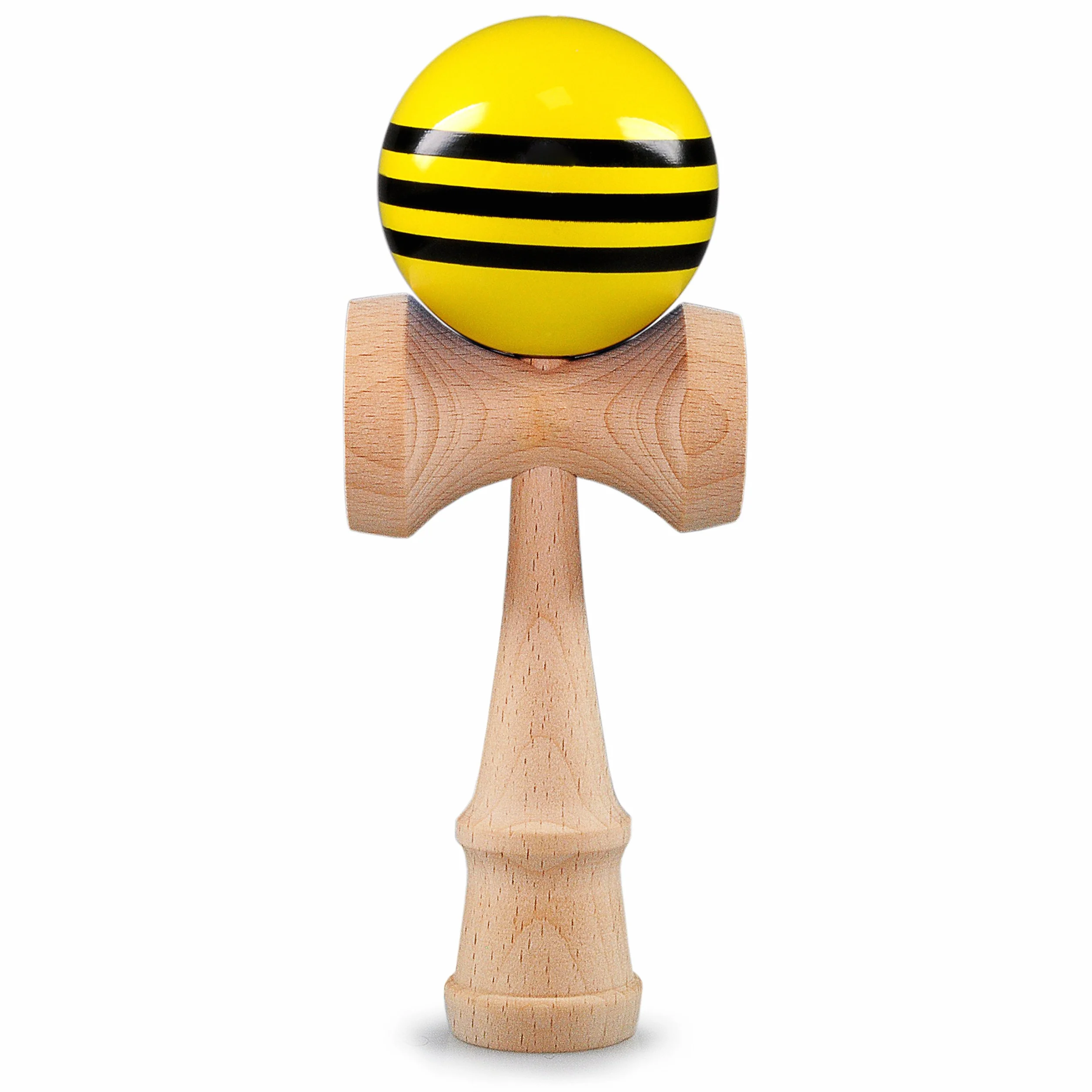 Ganzoo Kendama de Madera de Haya, Estilo japonés Tradicional, Juego de Habilidad con 3 cazoletas (Laterales e Inferior), pincho, Bola Perforada y cordón de Nailon, Amarillo Negro + Natural