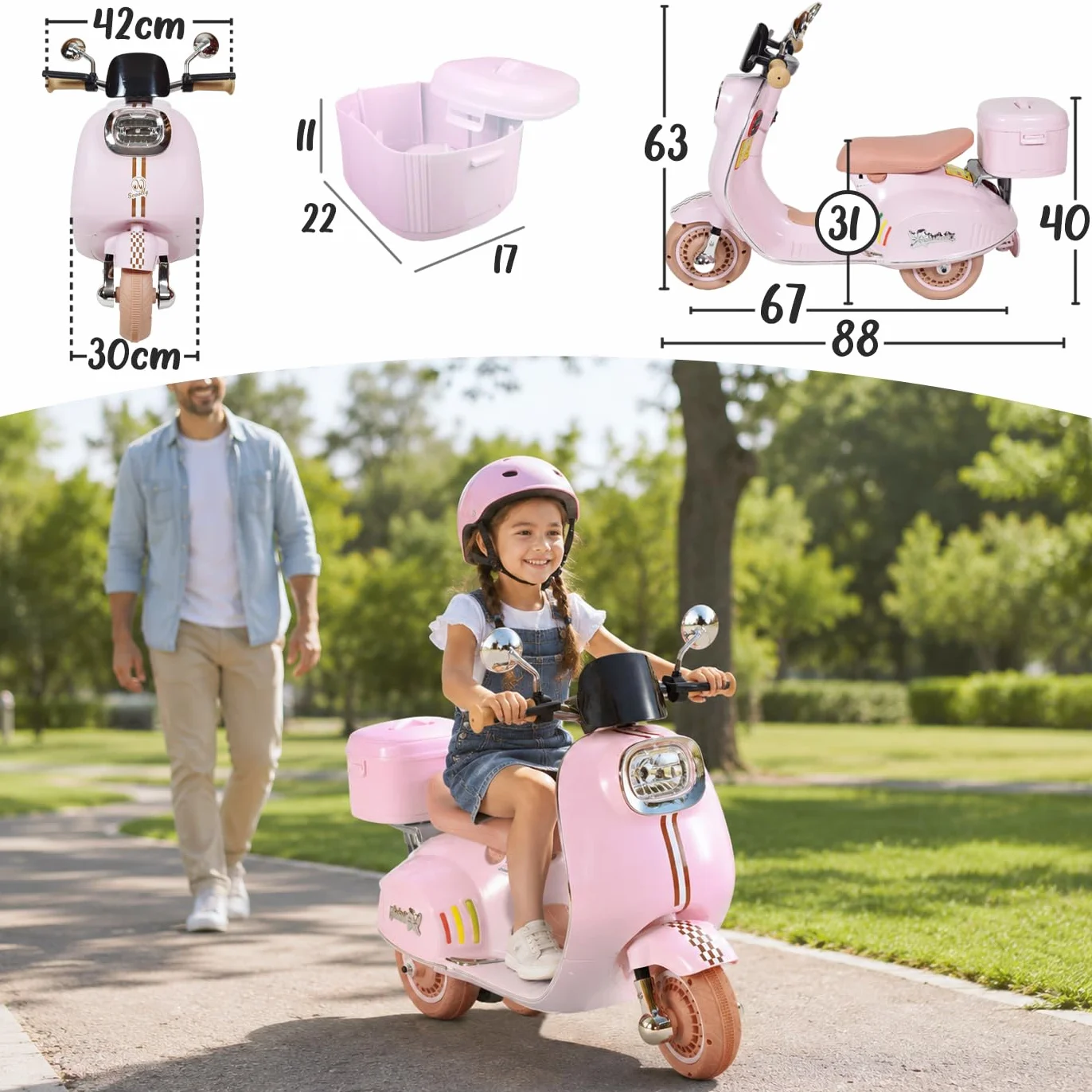 Twinly - Moto Eléctrica para niños SCOOTLY - Motocicleta Infantil con Mando a Distancia- Cargador y batería 6V hasta 40min – Acelerador de Pedal - Maletero, USB, luz y MP3 Bluetooth (Rosa)