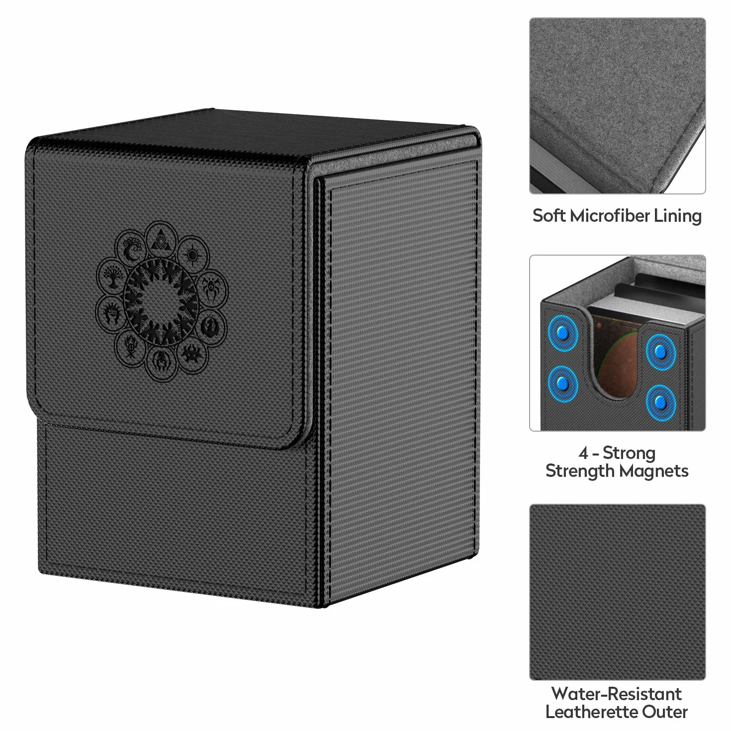 Pulchra Estuche para TCG, Magnetic Flip Box con 2 Divider, Tamaño Grande para 100+ Cartas, Deck Box - Dado Diseño (Elemental Design, Negro)