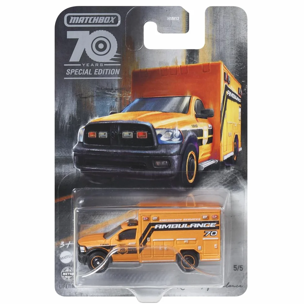 Matchbox Moving Parts 70 Years Special Edition Vehículo fundido a presión – HMV12 ~ Inspirado en la ambulancia Ram 2019 ~ 5/5 Naranja y Negro