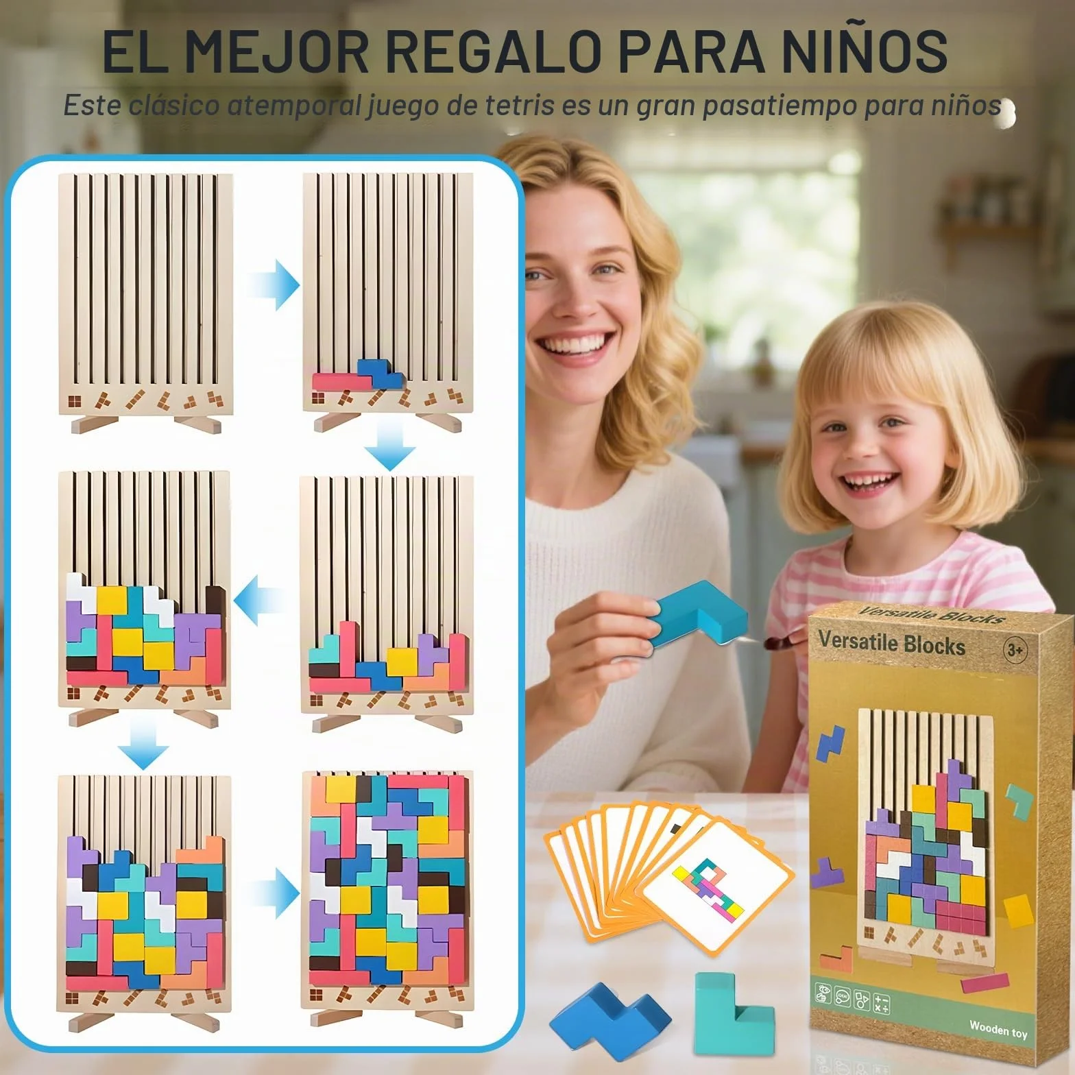 ZLPBAO Puzzle de Madera Tetris con 10 Tarjetas y Bolsa de Almacenamiento, Rompecabezas Niños, Tetris Puzzle 3D Madera,Juguetes Sensoriales, Juegos Montessori 3 4 5 6 Años